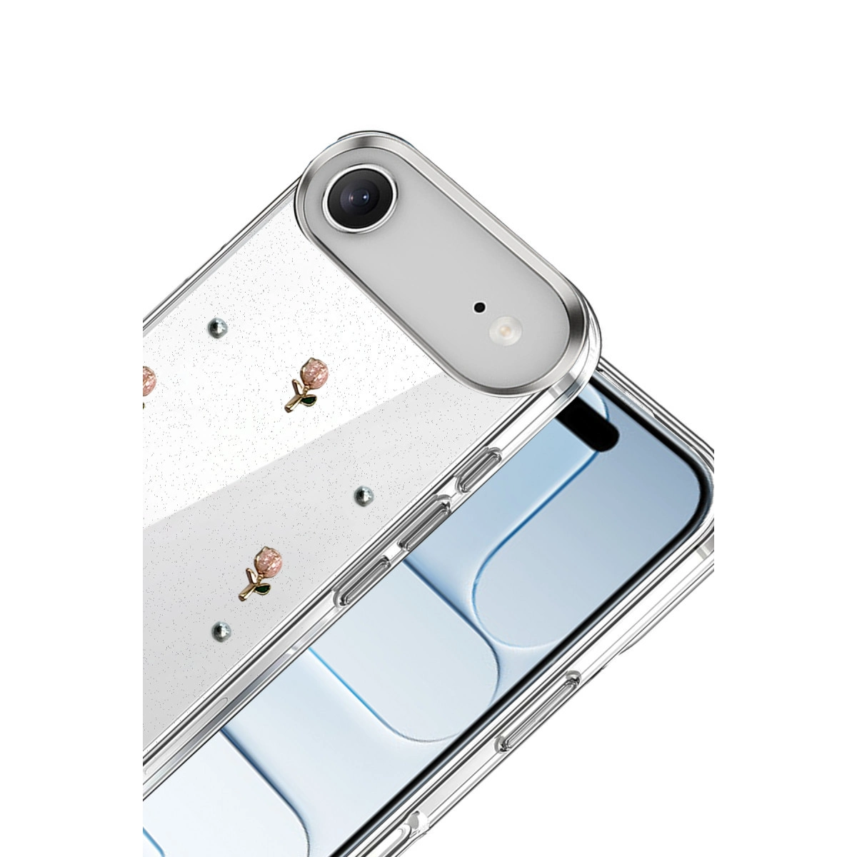 Sim ve gül süslemeli şeffaf telefon kılıfı.