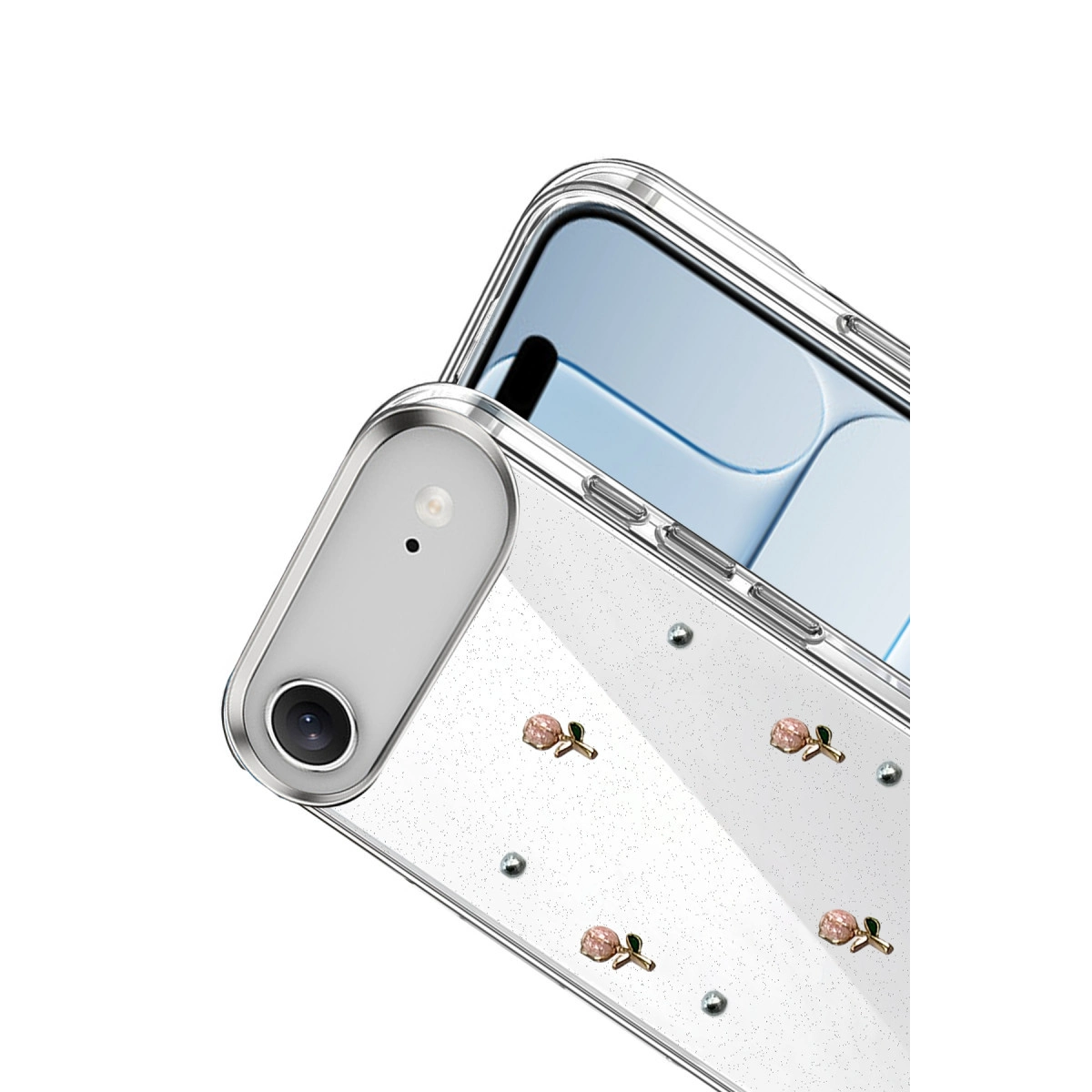 Beyaz arka plan üzerinde gül ve inci aplikli şeffaf telefon kılıfı.