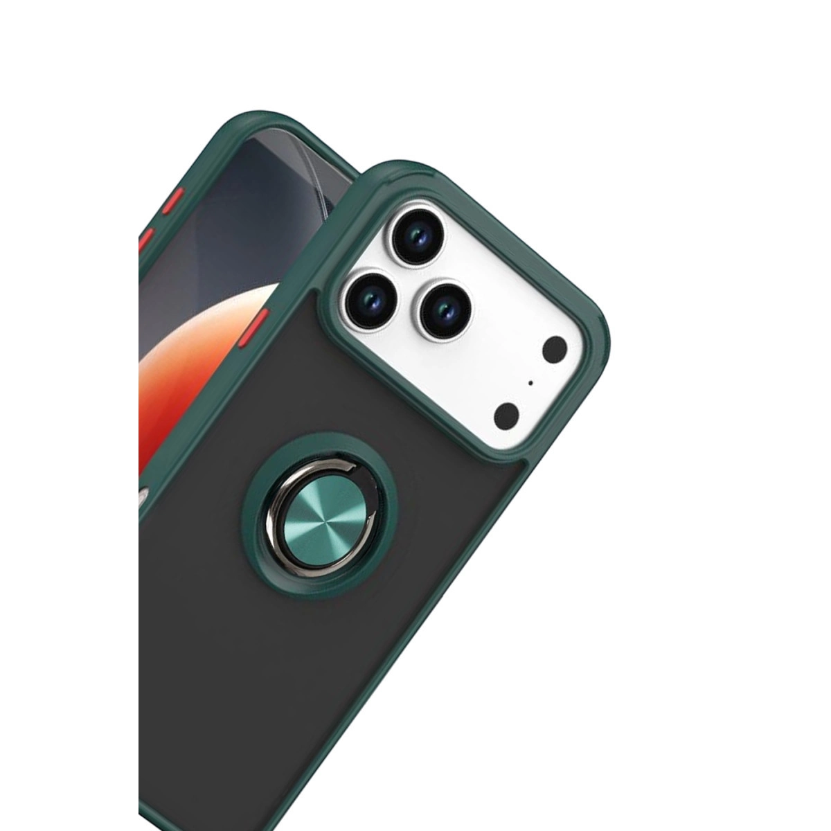 Siyah arka ve halka tutuculu koyu yeşil telefon kılıfı.