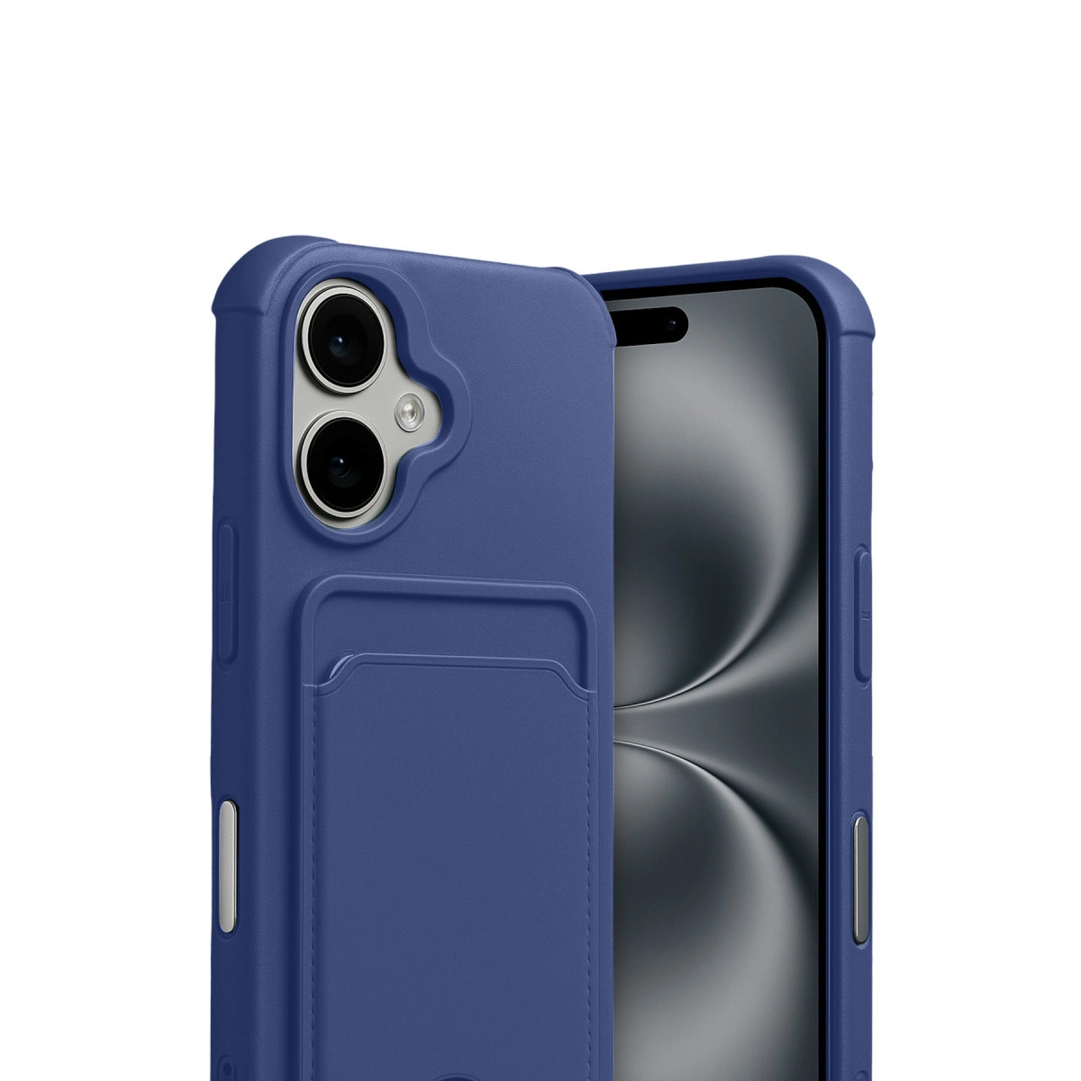 Kart yuvalı ve iki kamera lensli mavi telefon kılıfı.