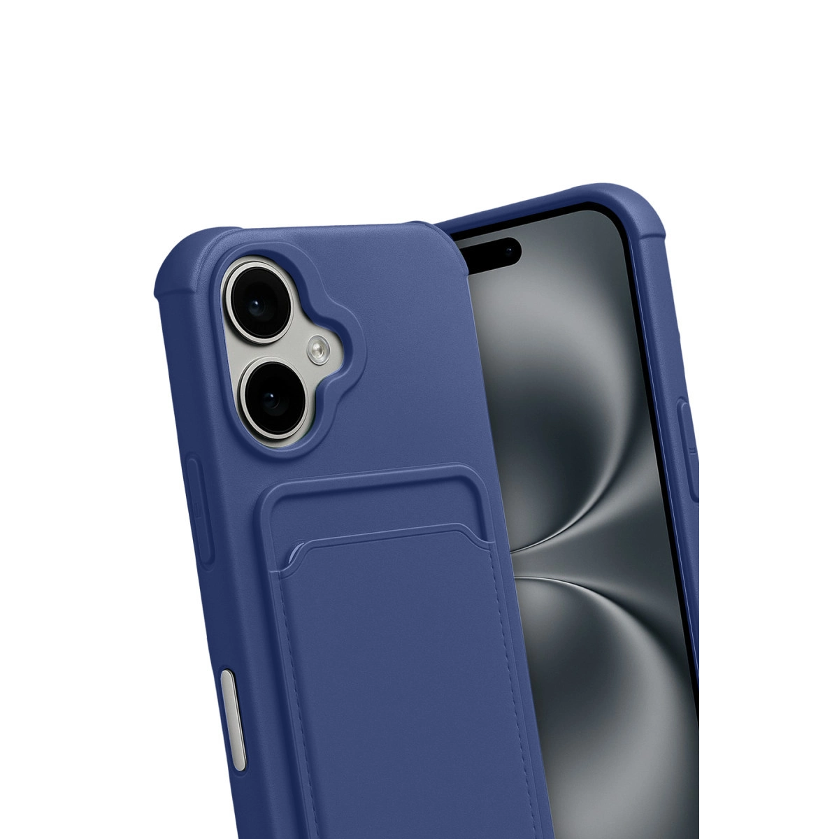 Kart yuvalı lacivert telefon kılıfı ve siyah ekranlı telefon.