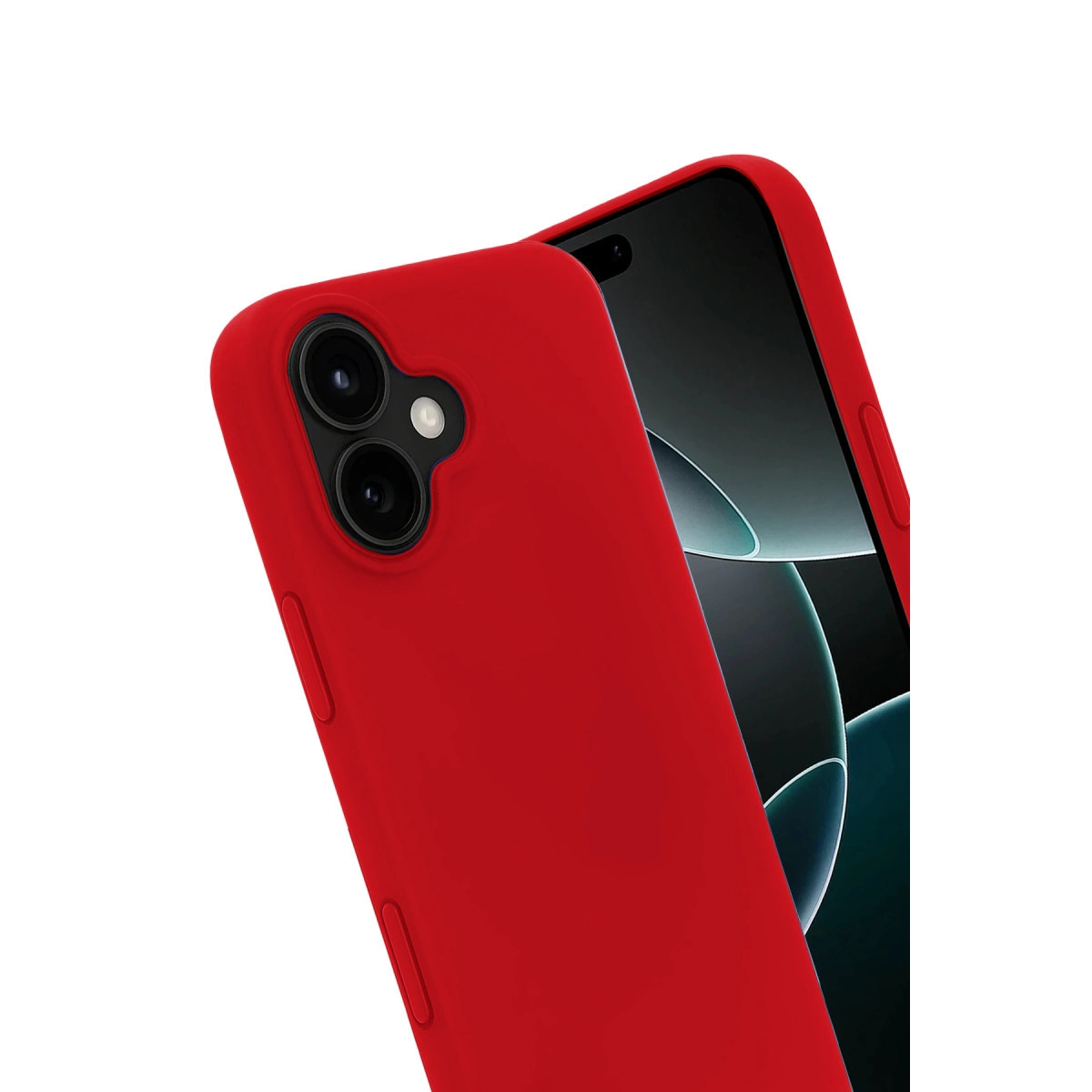 Akıllı telefonda iki kamera lensi ve flaş bulunan kırmızı telefon kılıfı.