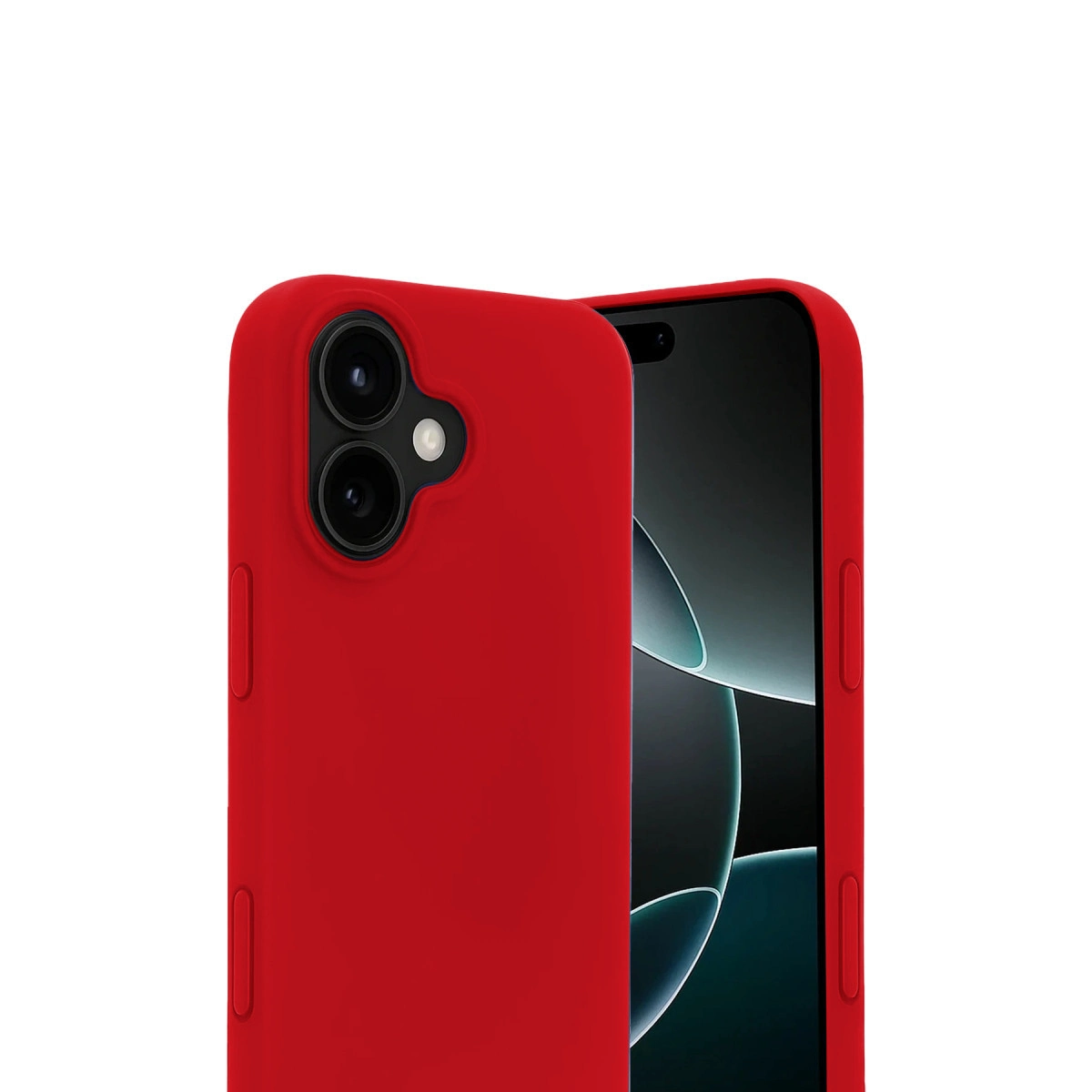 Kamera adacıklı kırmızı telefon kılıfı ve ekran parçası.