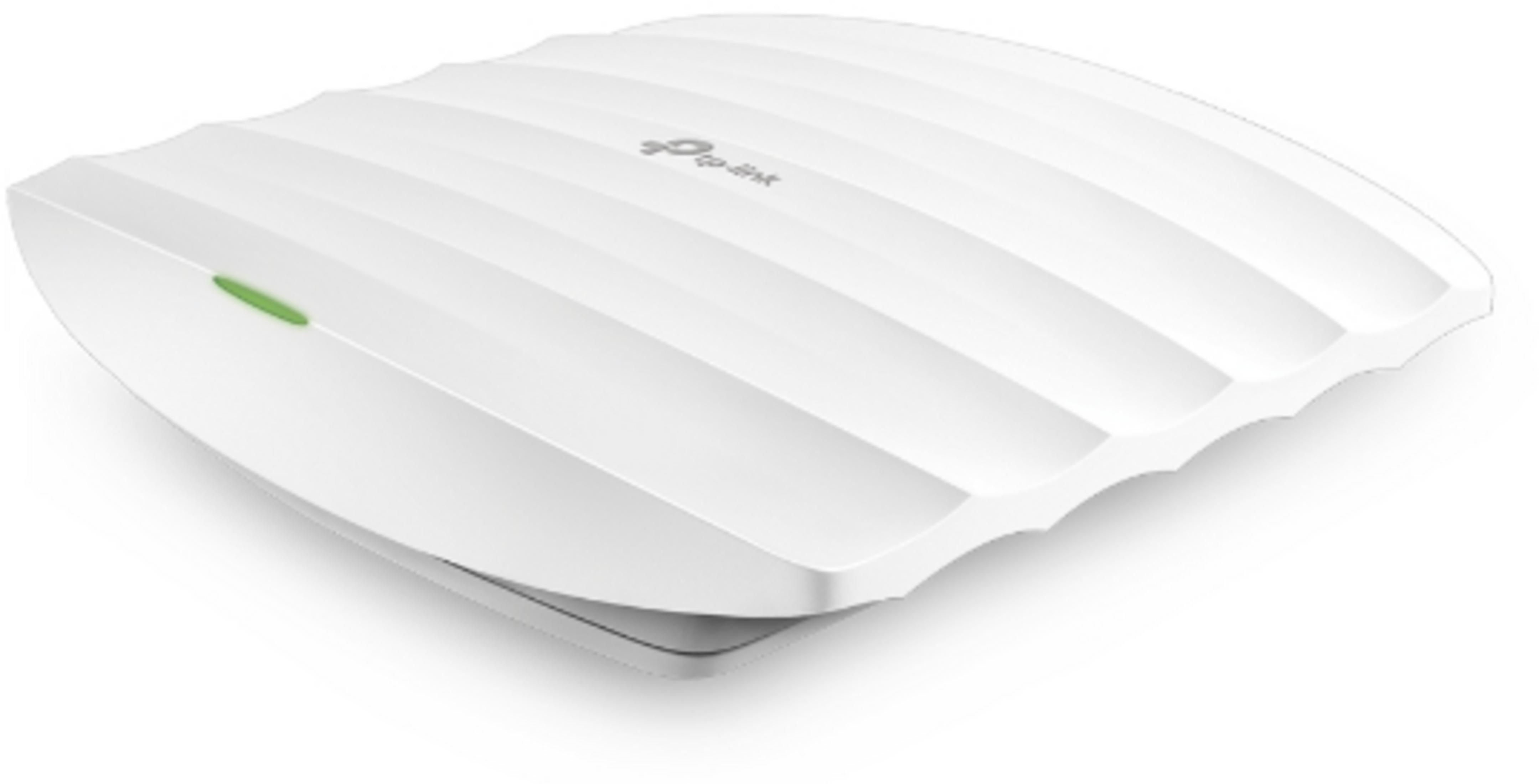 Biały punkt dostępowy Wi-Fi z rowkowanym wierzchem i zieloną diodą.