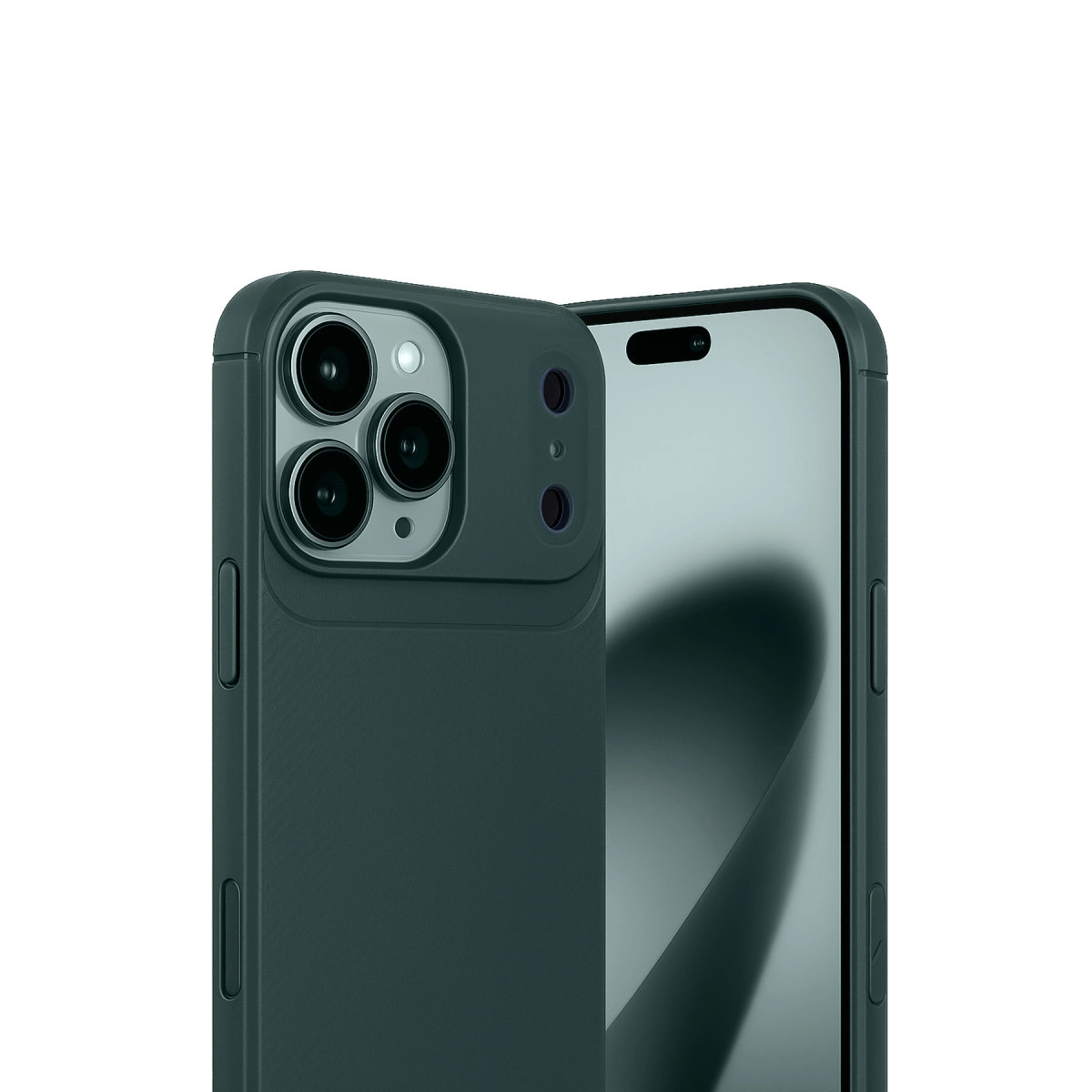 Üç kameralı koyu yeşil telefon, arkada ekranı var.