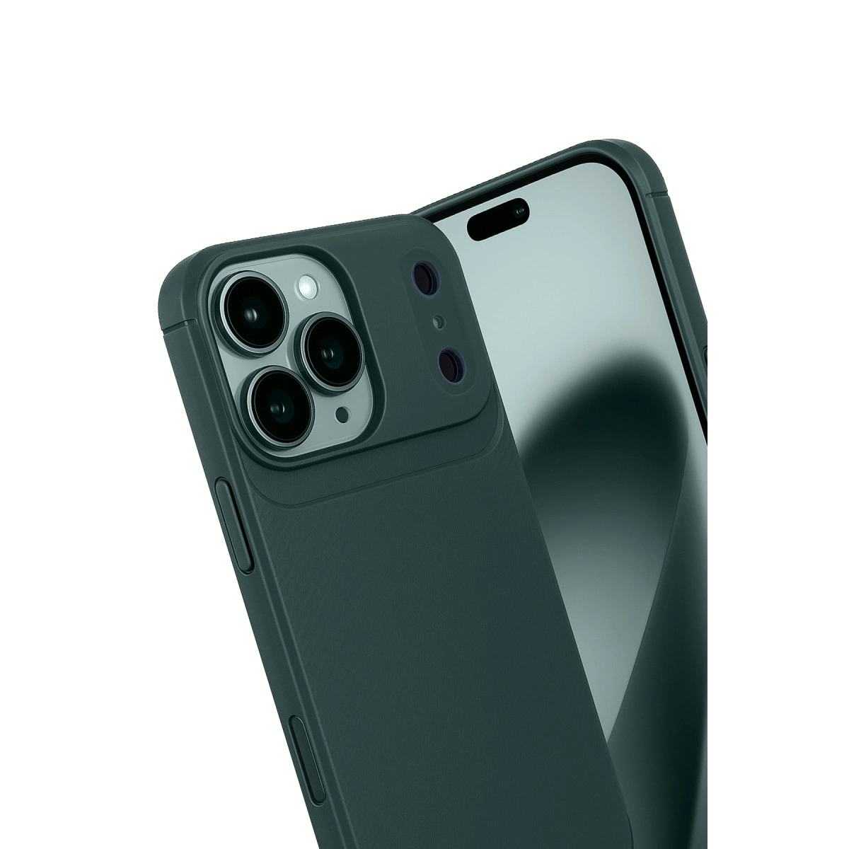 Akıllı telefonda üçlü kameraya sahip koyu yeşil telefon kılıfı.