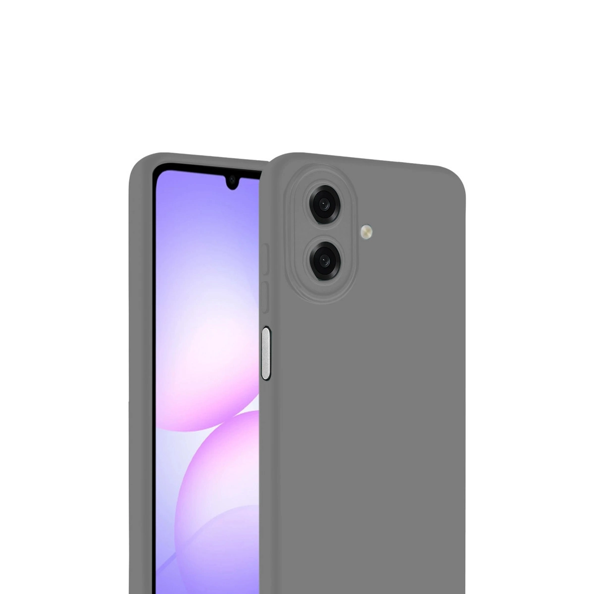 Arkada çift kamera ve flaşa sahip gri telefon kılıfı.