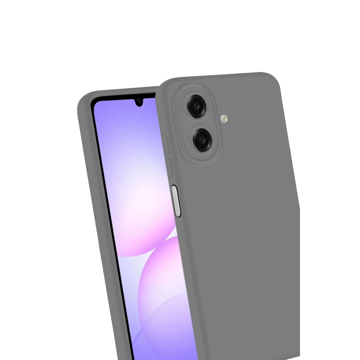 İki kameralı ve flaşlı gri telefon kılıfı, beyaz arka plan üzerinde.