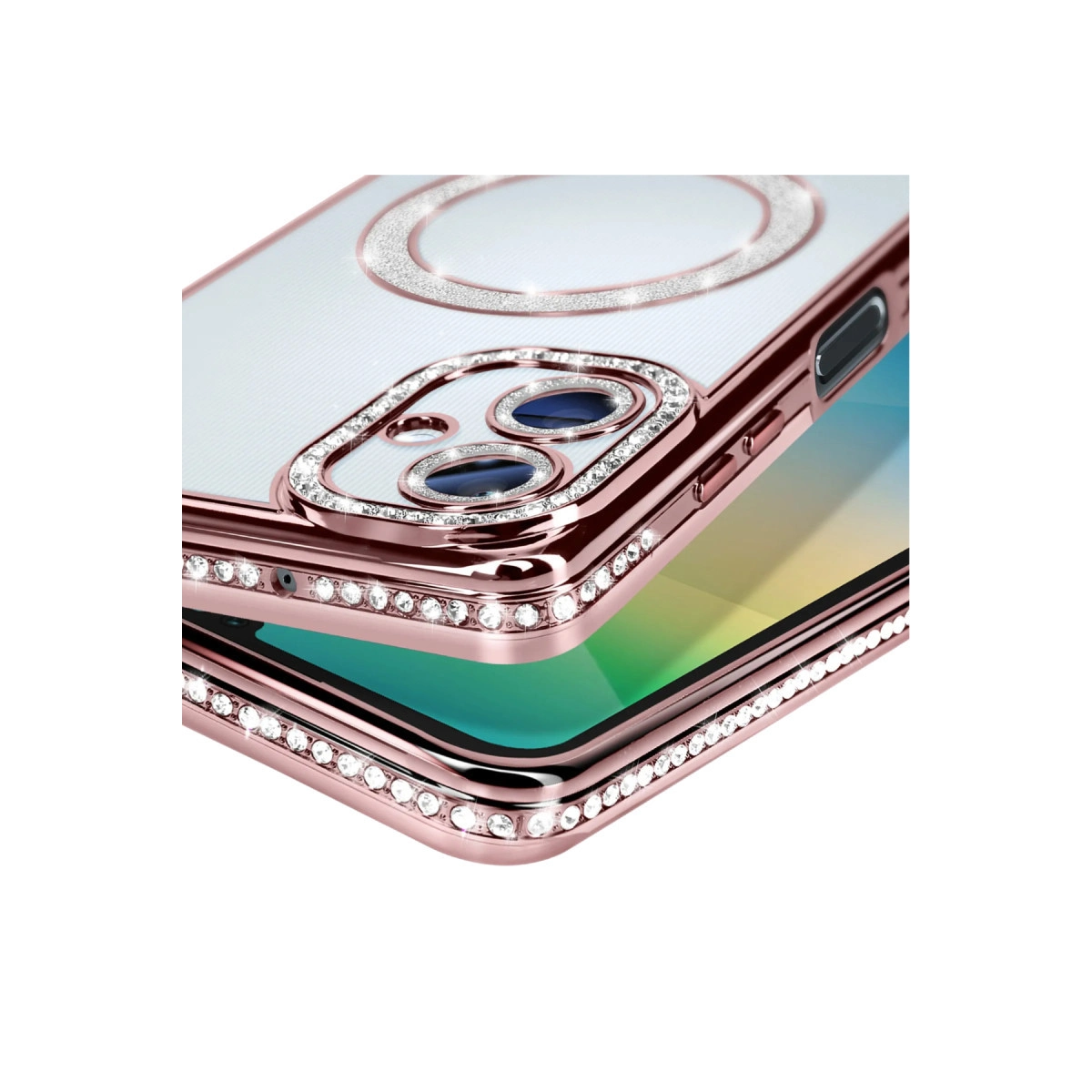 Kamera ve kenar çevresinde taşlarla süslenmiş rose gold telefon kılıfı.