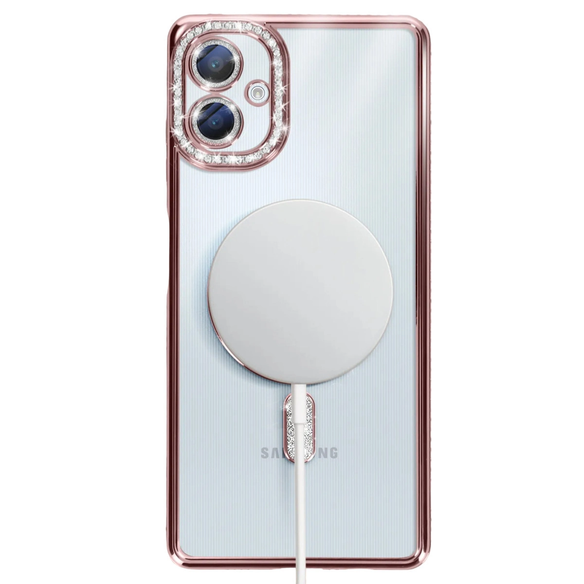 Rose altın kasalı, elmaslı ve beyaz şarj kablolu telefonun arkası.