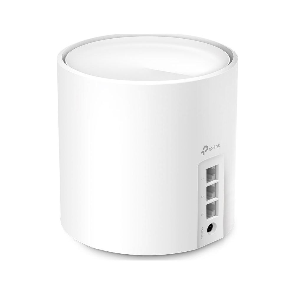 Biały, cylindryczny router TP-Link z trzema portami Ethernet i jednym portem zasilania.