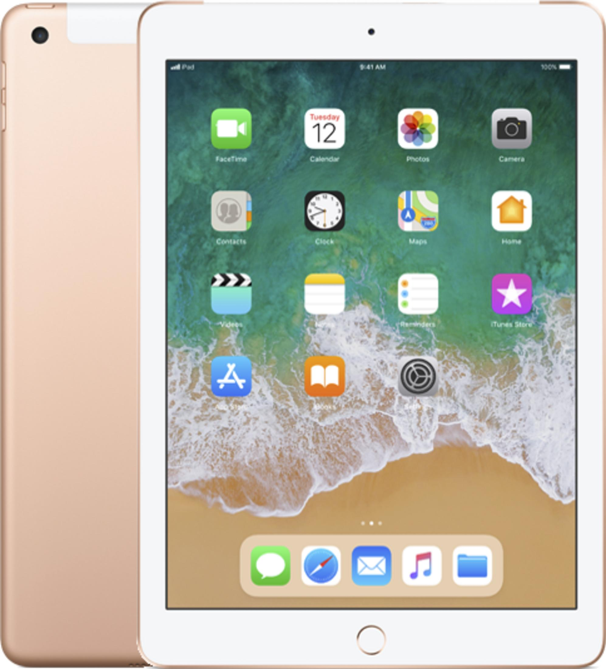 Gouden iPad met zee- en zandachtergrond. Zichtbare apps: FaceTime, Agenda, Foto's, Camera, Contacten, Klok, Kaarten, Thuis, Video's, App Store, Boeken, Instellingen.