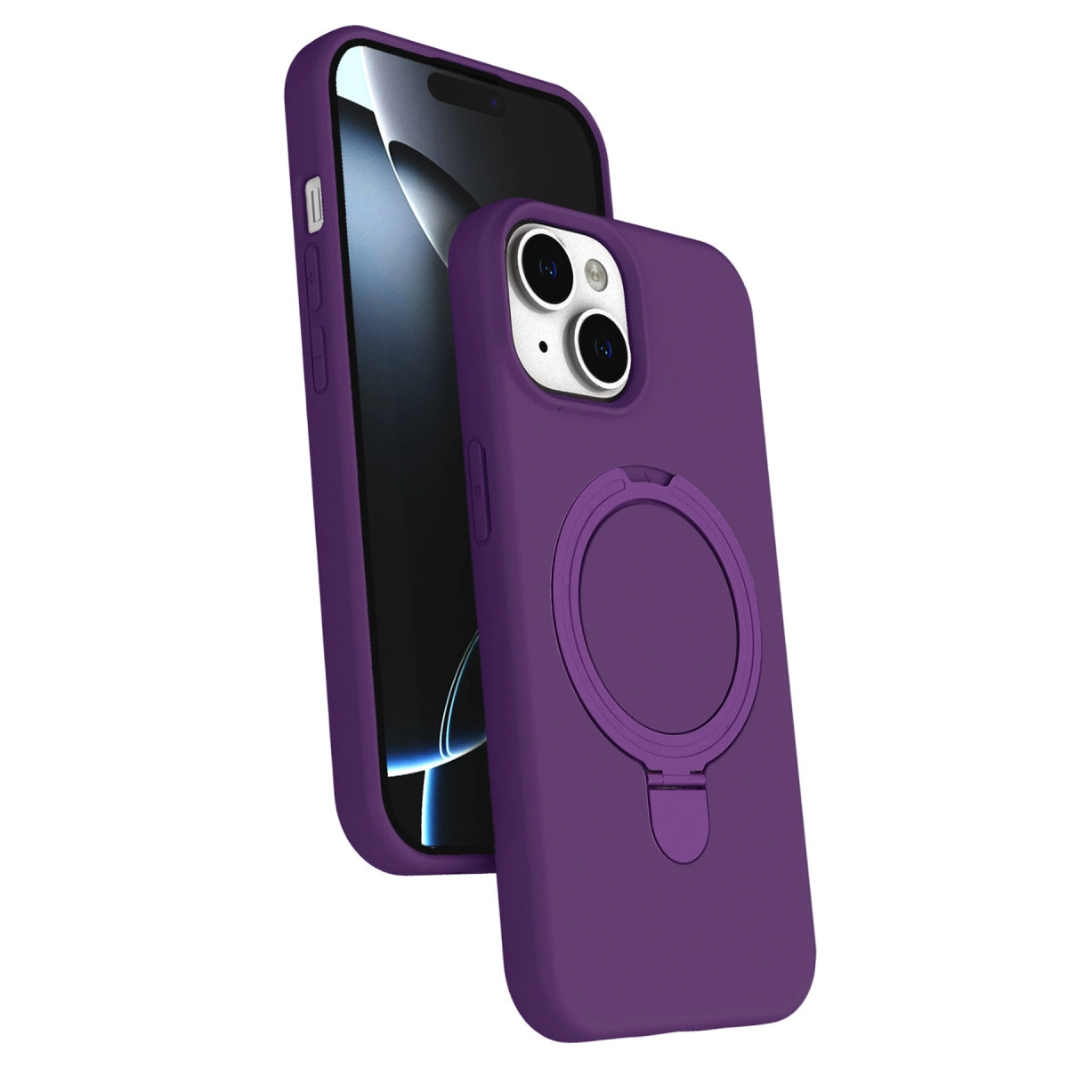 Beyaz arka plan üzerinde yüzüklü kılıfı olan mor iPhone.