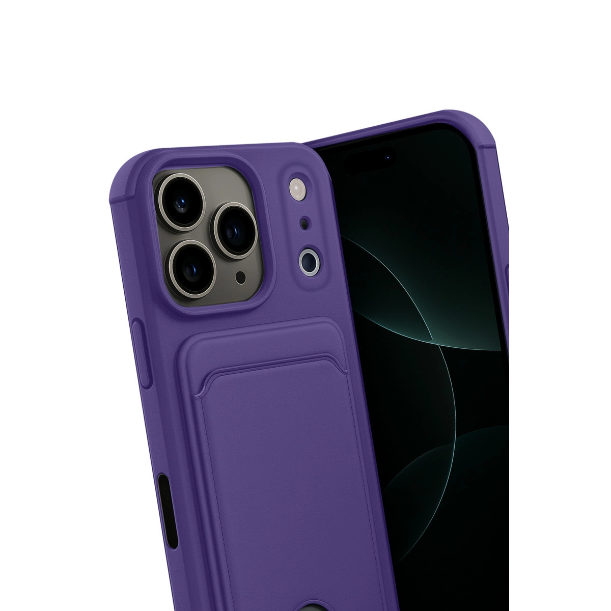 Kart yuvalı ve üçlü kamera lensli mor telefon kılıfı.