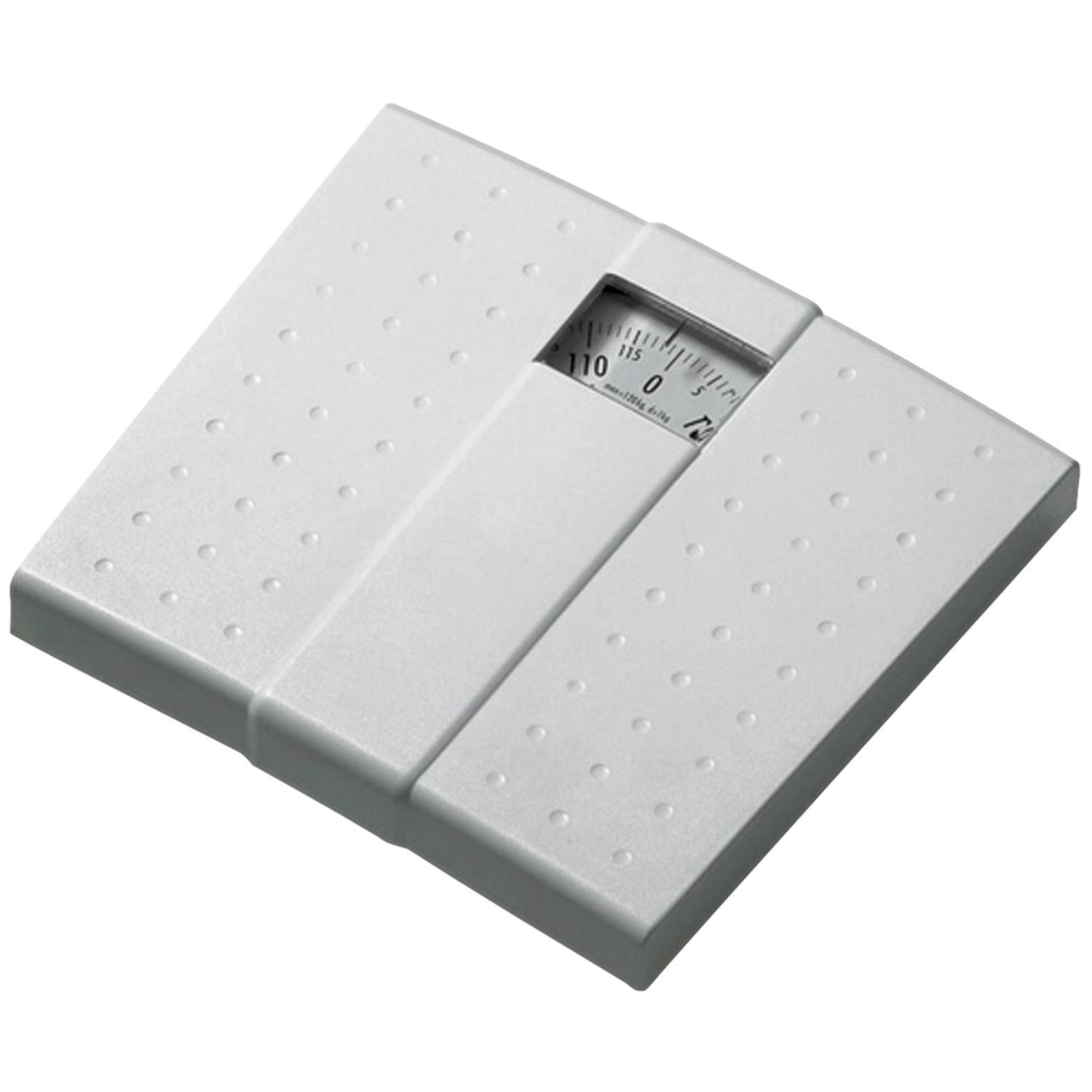 Eine weiße Personenwaage mit analoger Anzeige, die 0 kg anzeigt.
