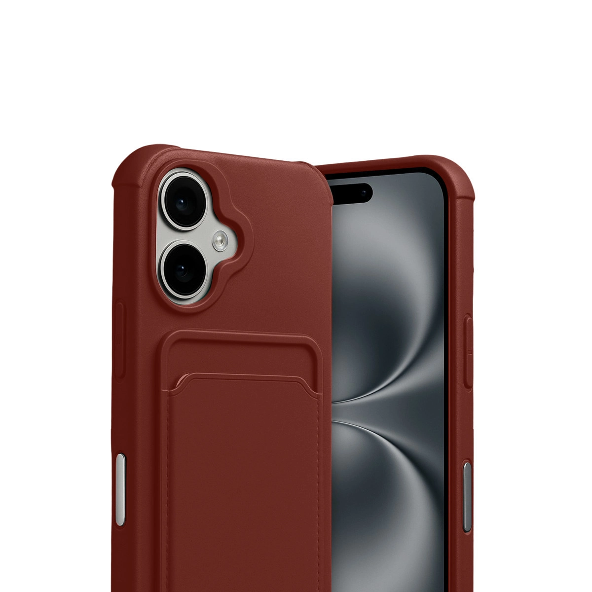 Kart yuvalı ve kamera modüllü kırmızı telefon kılıfı, akıllı telefonun yanında.