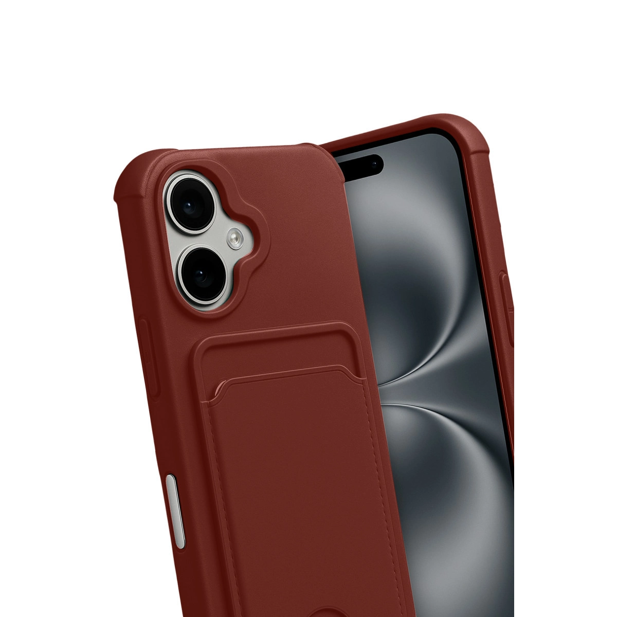 Akıllı telefon önünde kart yuvalı kahverengi telefon kılıfı.