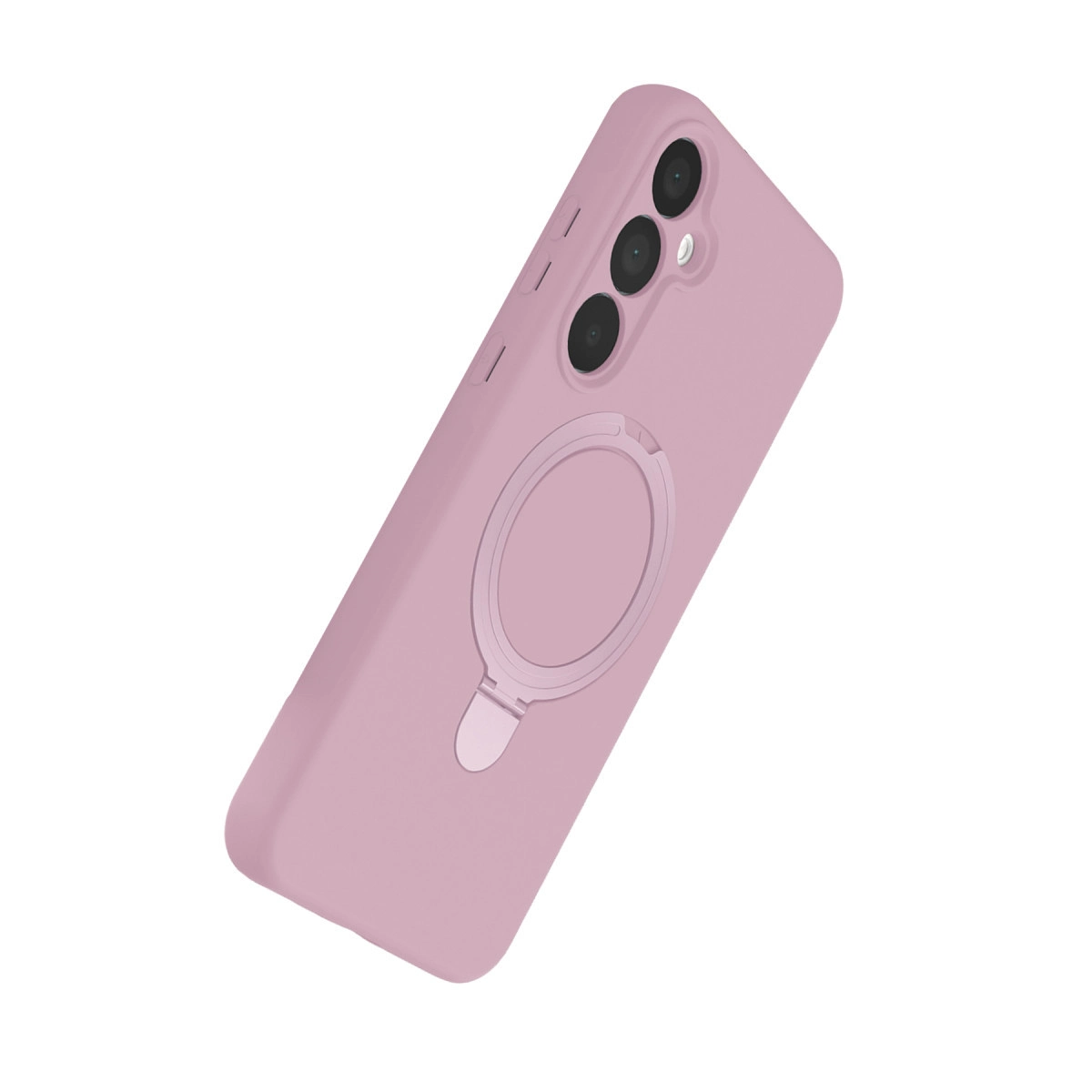 Üç kameralı ve halka tutuculu pembe telefon kılıfı.