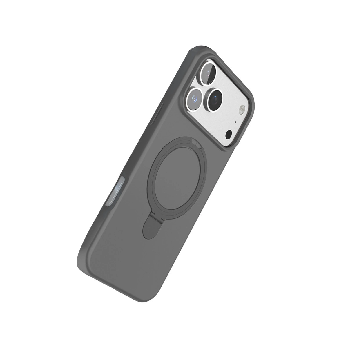 MagSafe halkalı ve kamera lensli koyu gri telefon kılıfı.