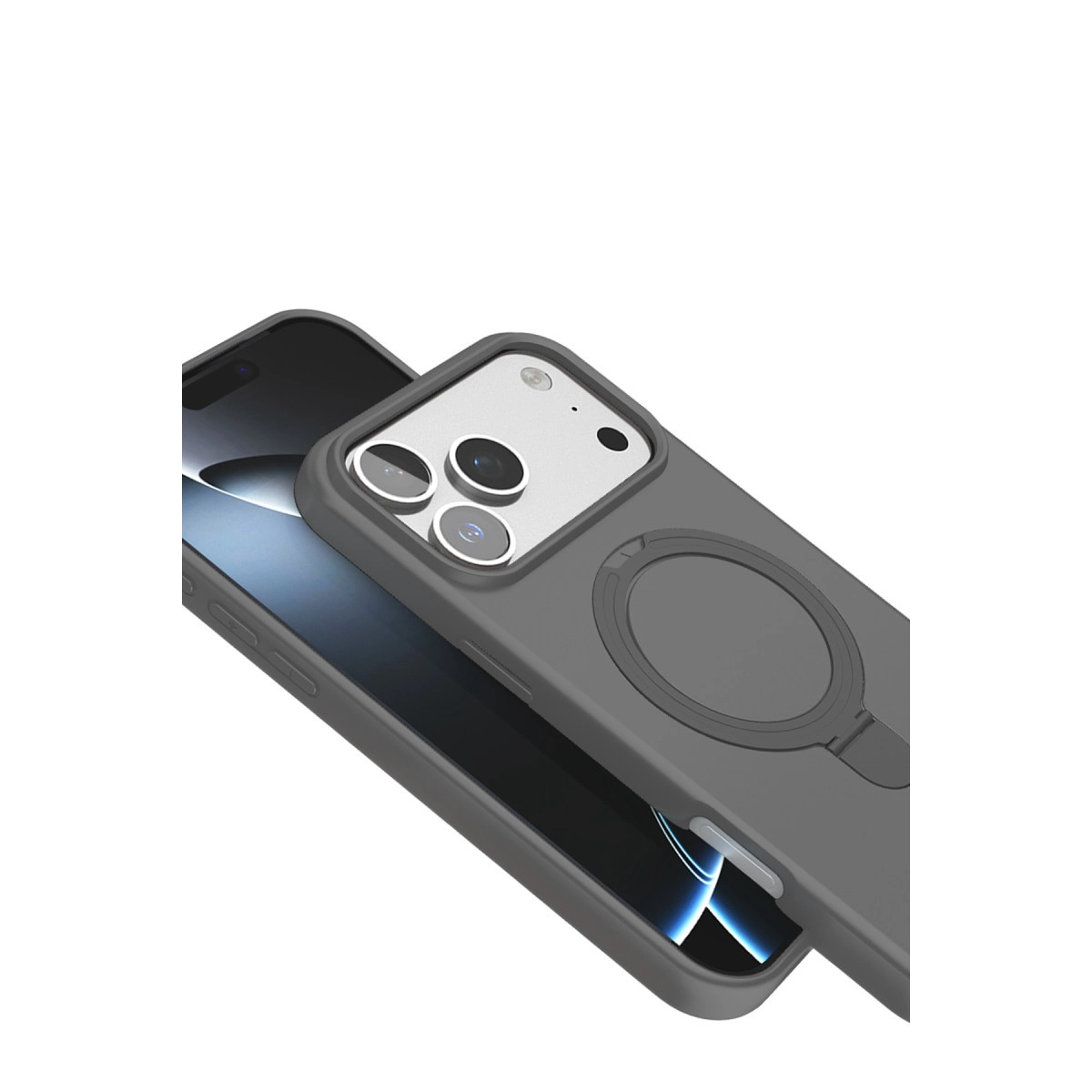 Telefon üzerinde kamera modülü ve halka tutuculu gri telefon kılıfı.