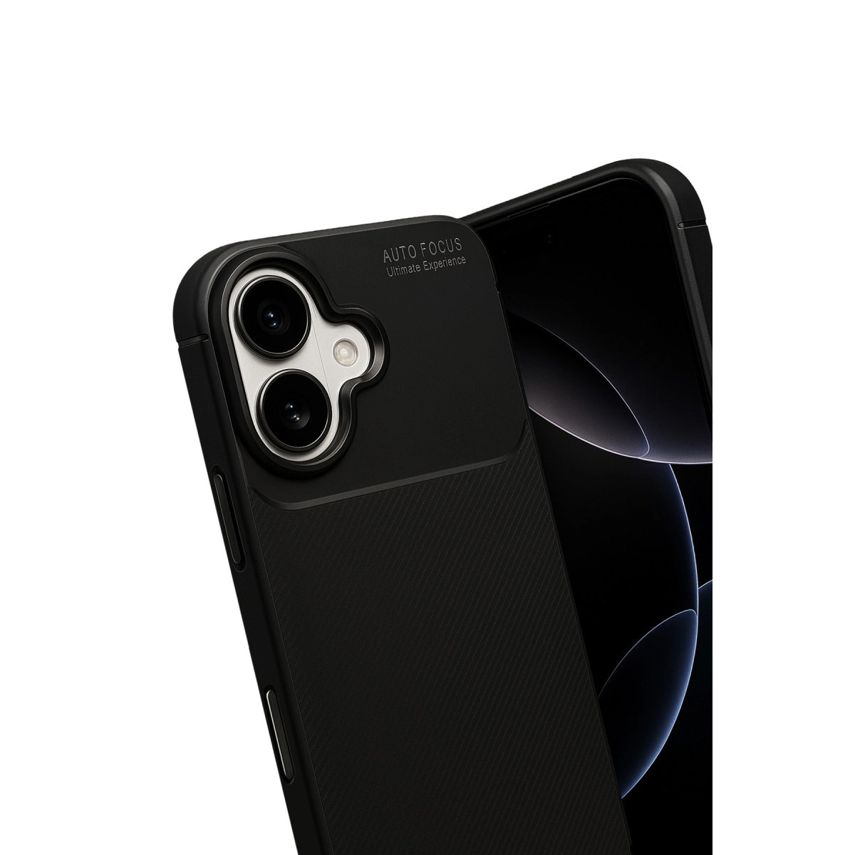 Çift kameralı ve flaşlı siyah telefon, beyaz arka plan üzerinde açılı görünüm.