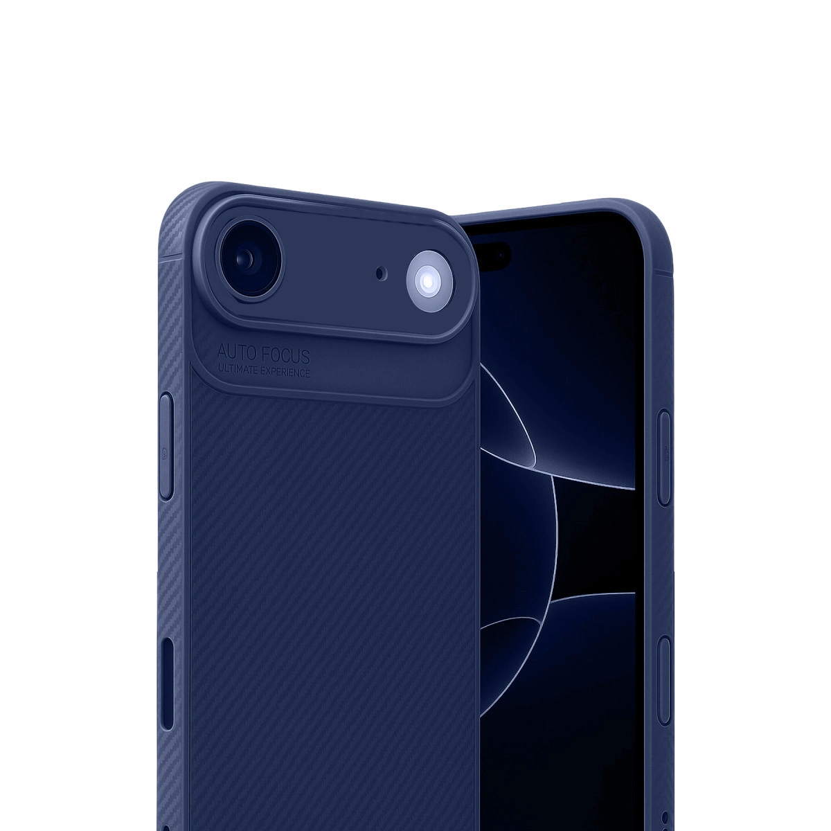 Karbon dokulu kılıflı lacivert telefon, kamera lensi ve flaş.