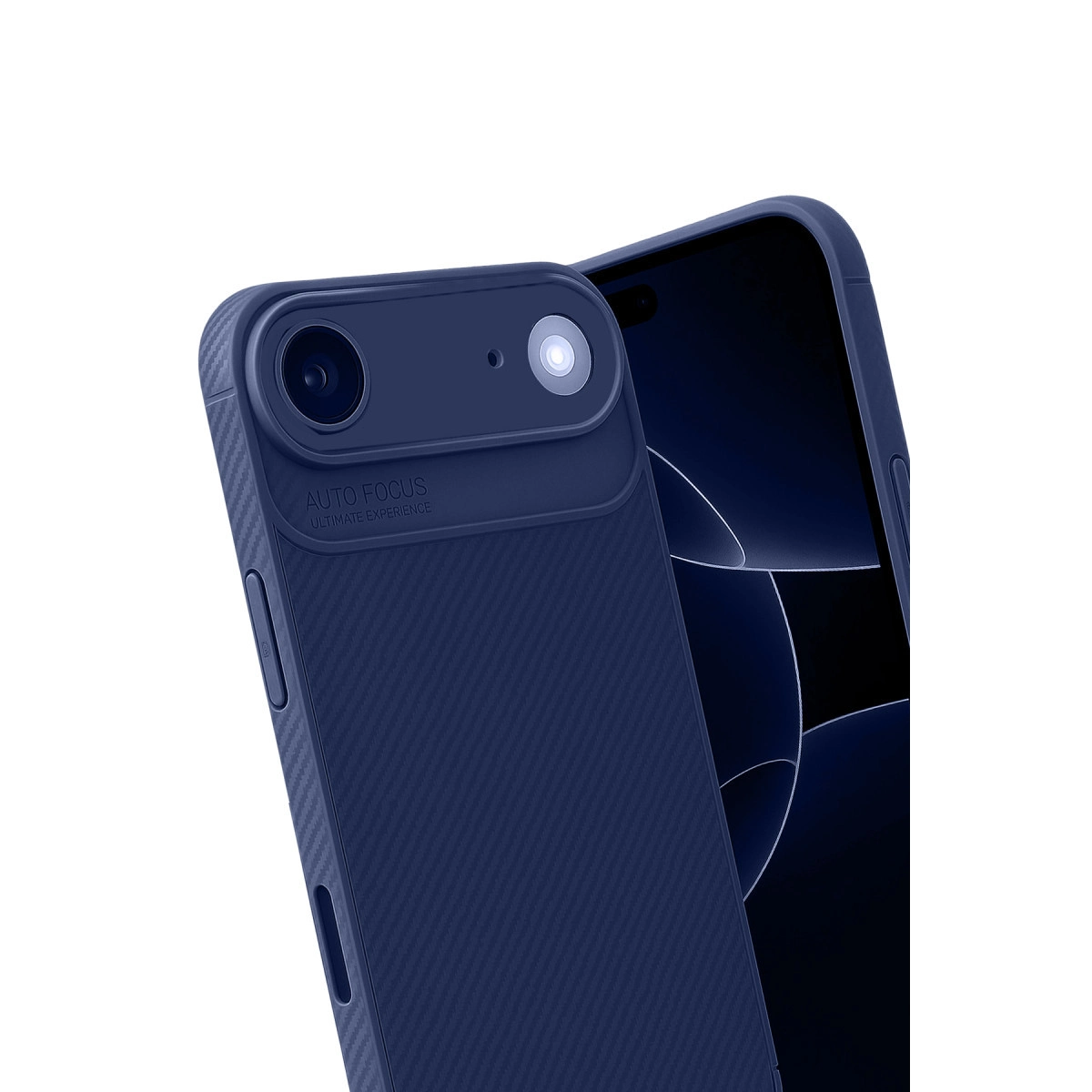 Kamera korumalı ve yazılı lacivert telefon kılıfı.