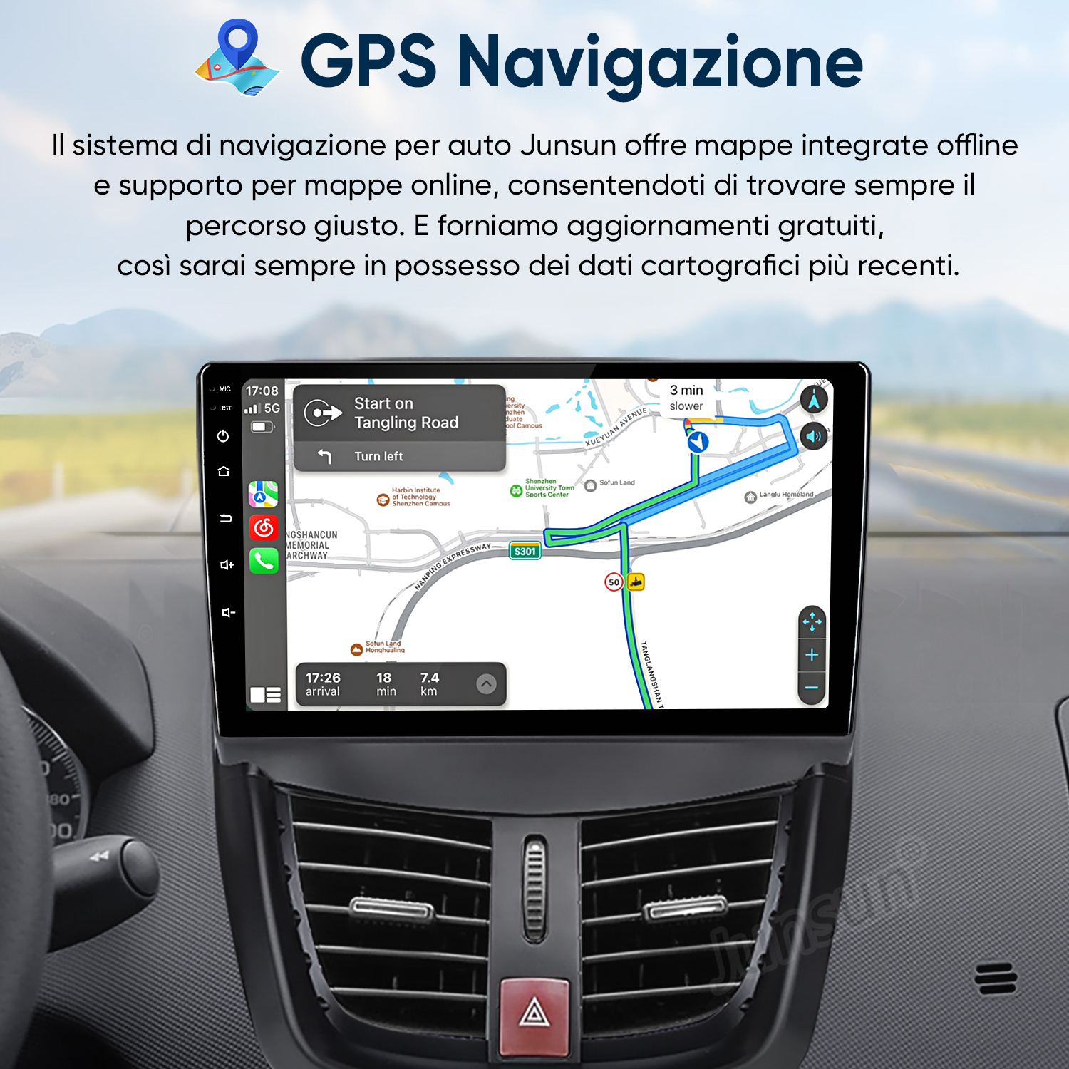 Schermo di navigazione GPS auto con mappa, percorso e tempo di viaggio.
