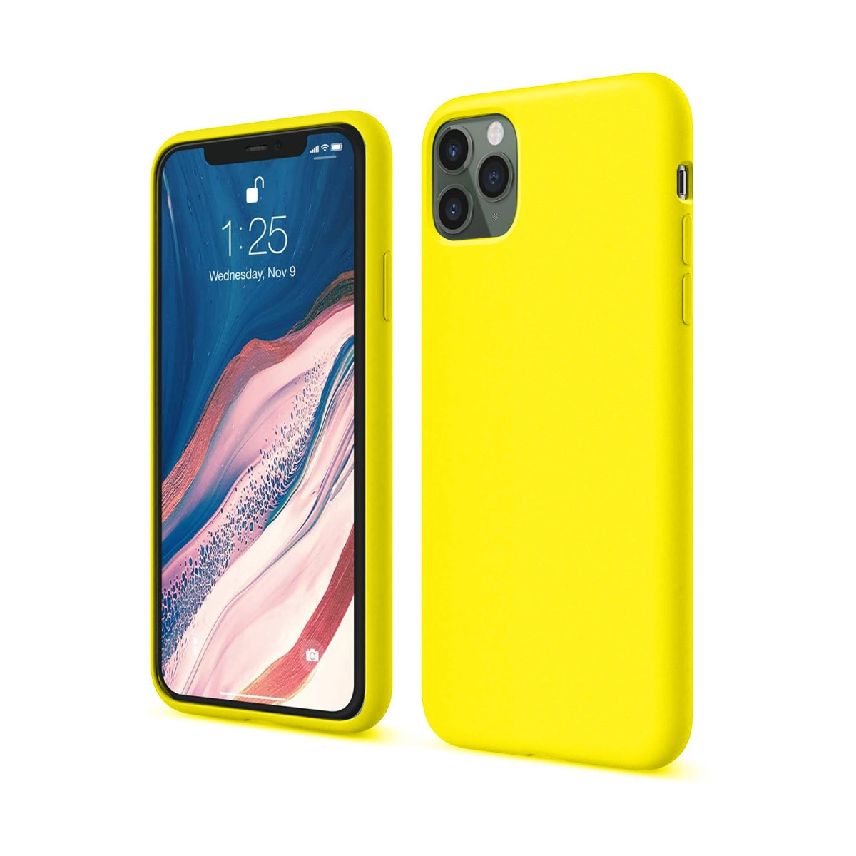 Yan yana iki sarı iPhone kılıfı, biri ekranlı, diğeri arkası görünüyor.