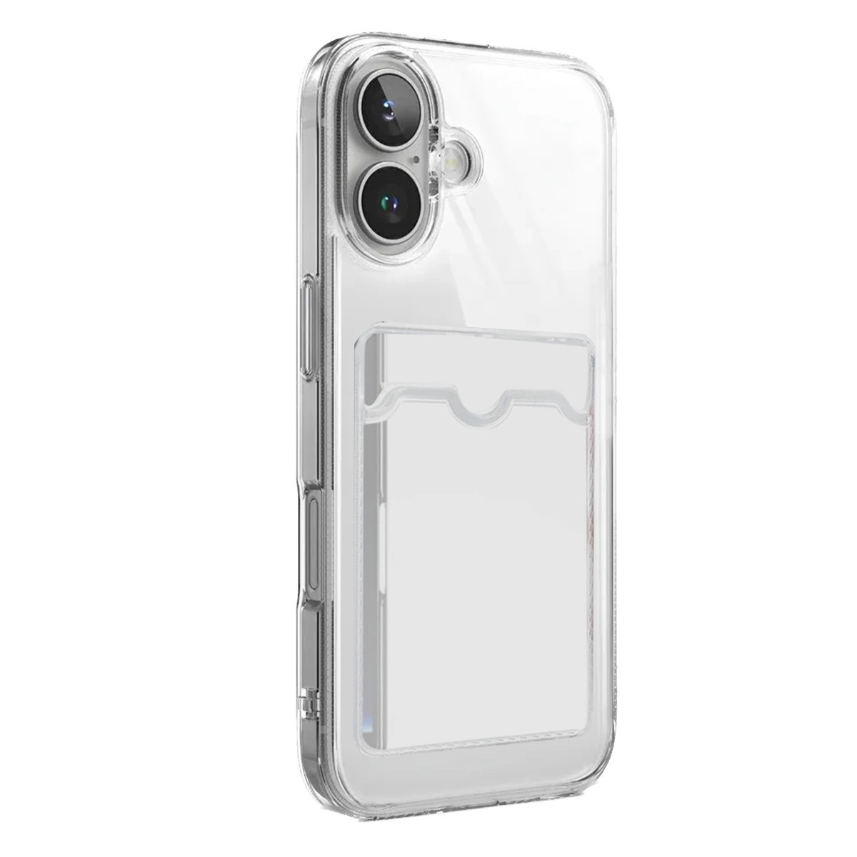 Kart yuvalı ve iki lensli şeffaf telefon kılıfı.