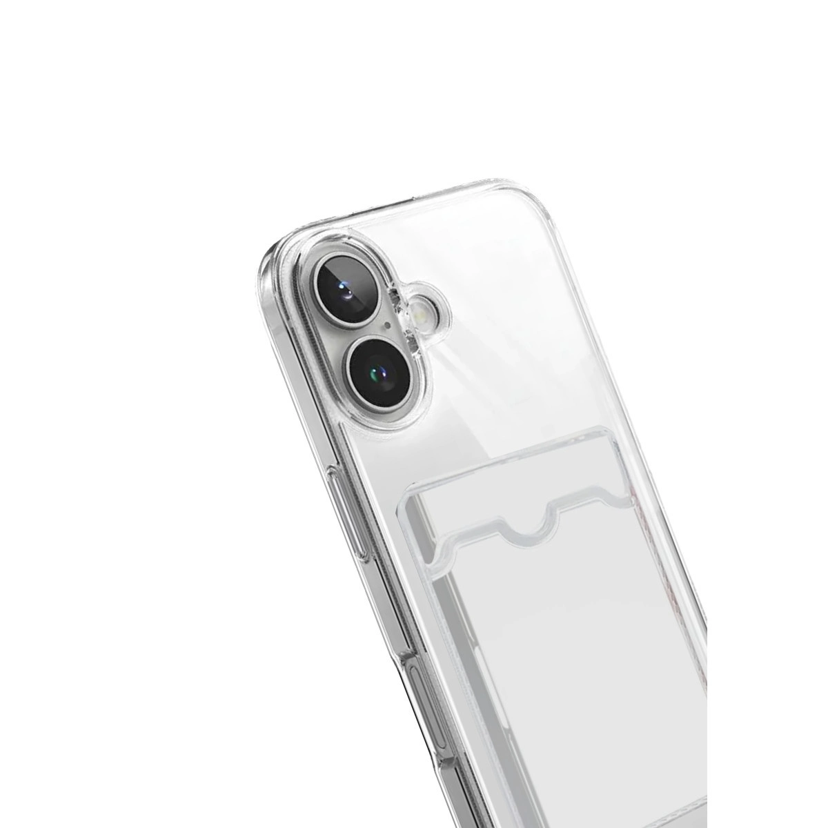 Kart yuvalı ve iki kamera lensli şeffaf telefon kılıfı.