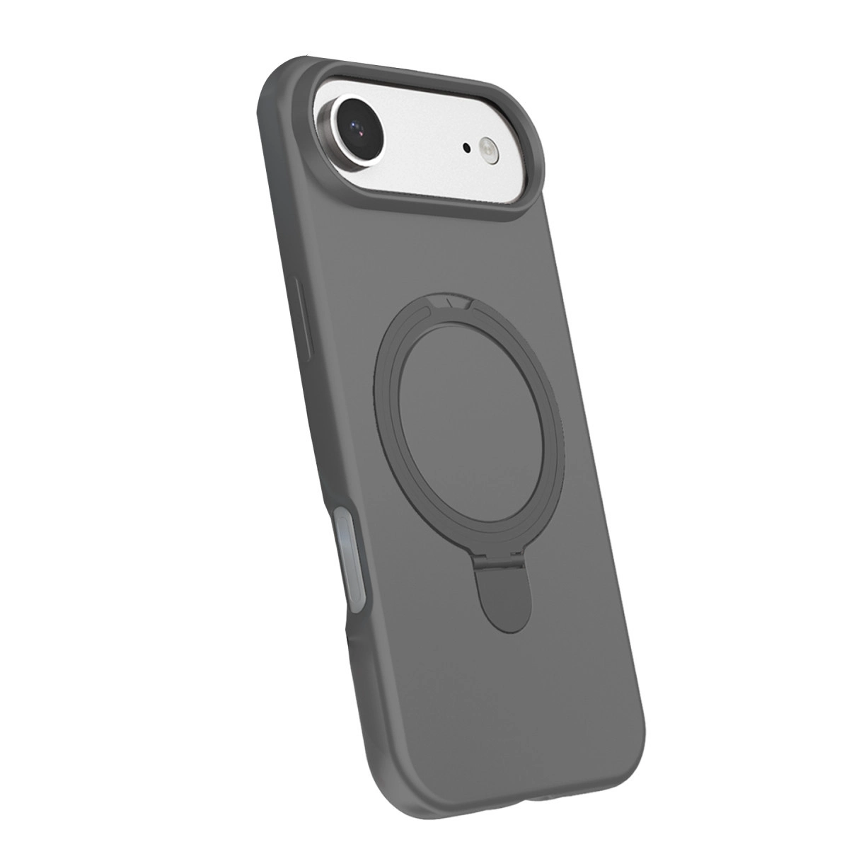 Kameralı kesiğe sahip gri telefon kılıfı, manyetik halka tutuculu.