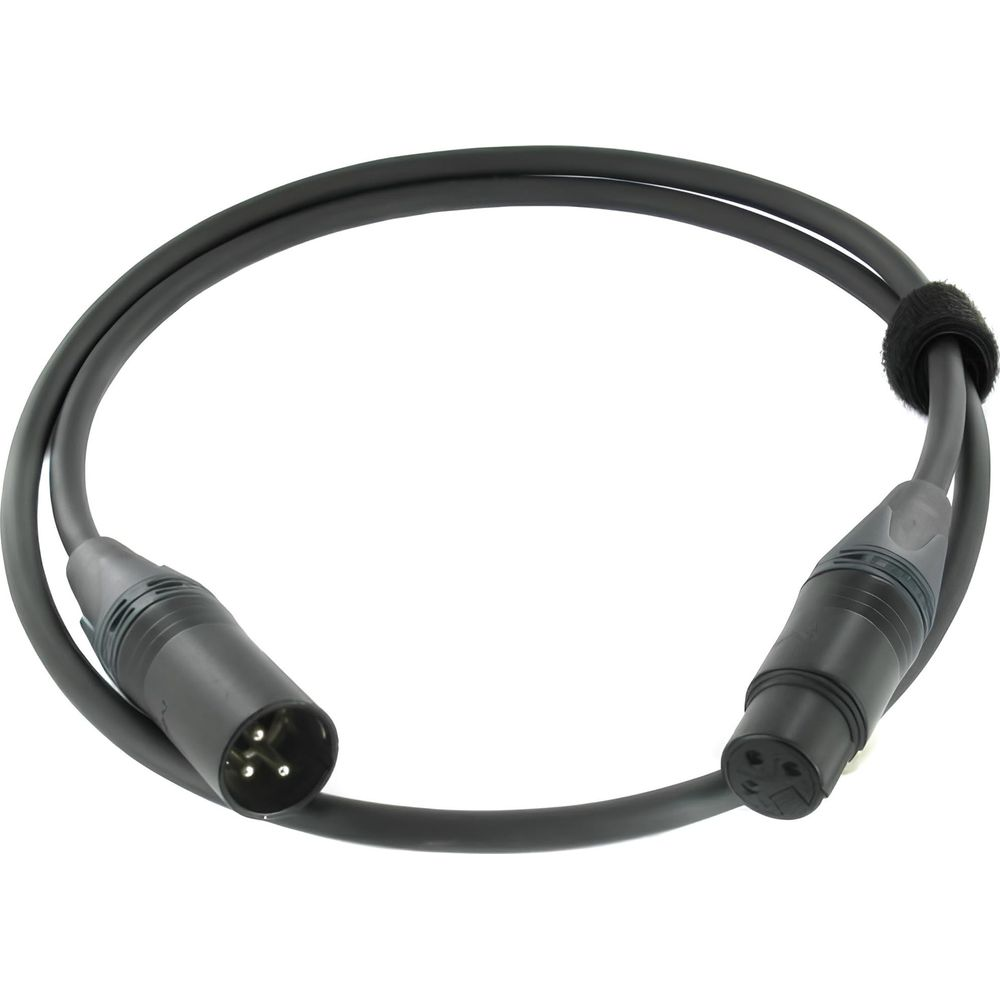 Un cavo audio XLR nero a 3 pin con un connettore.