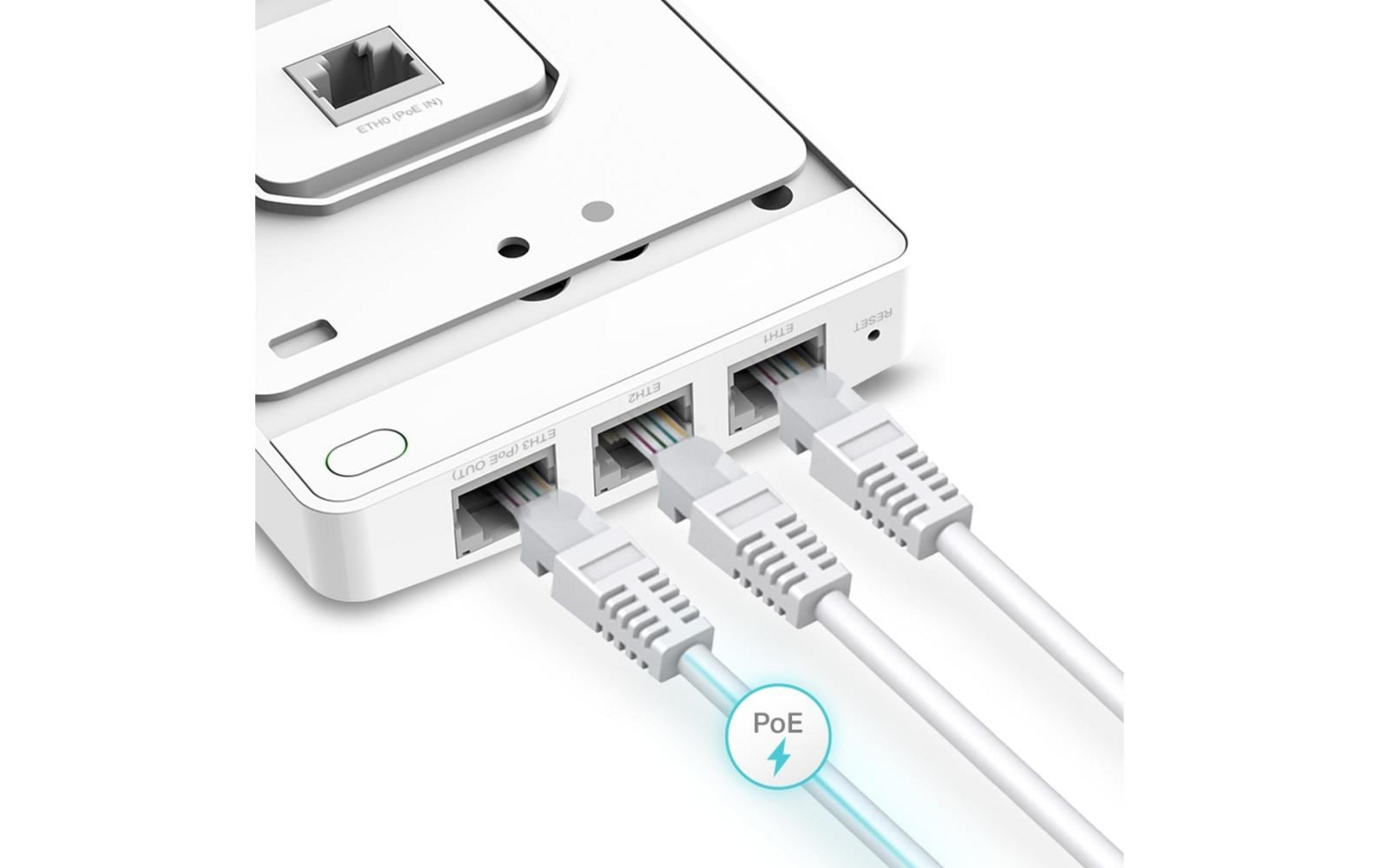 Białe urządzenie sieciowe z trzema podłączonymi kablami Ethernet, pokazujące symbol PoE.