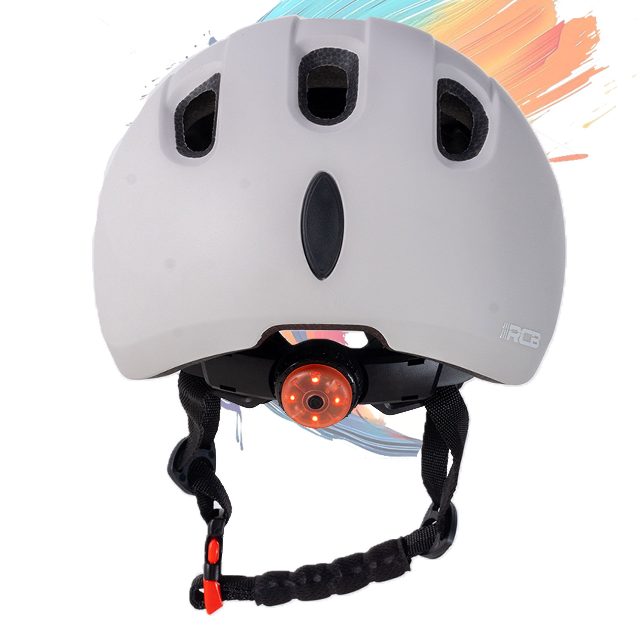 Casque de vélo blanc avec aérations et feu arrière rouge. Il a des sangles noires.