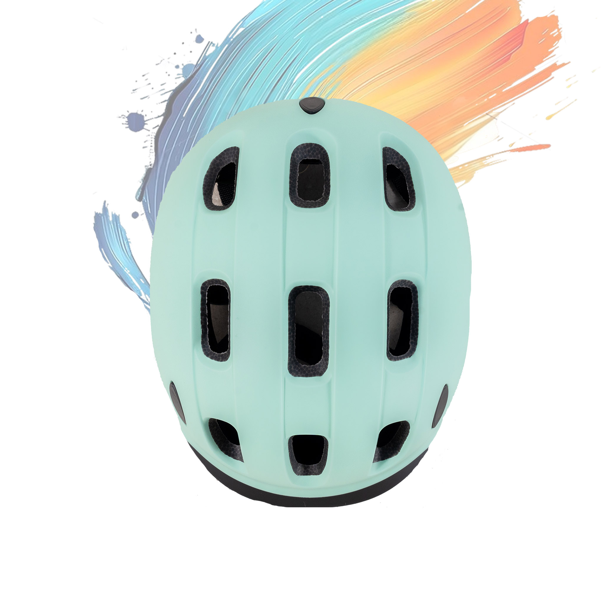 Un casque vert menthe avec aérations et rembourrage, sur fond éclaboussé.