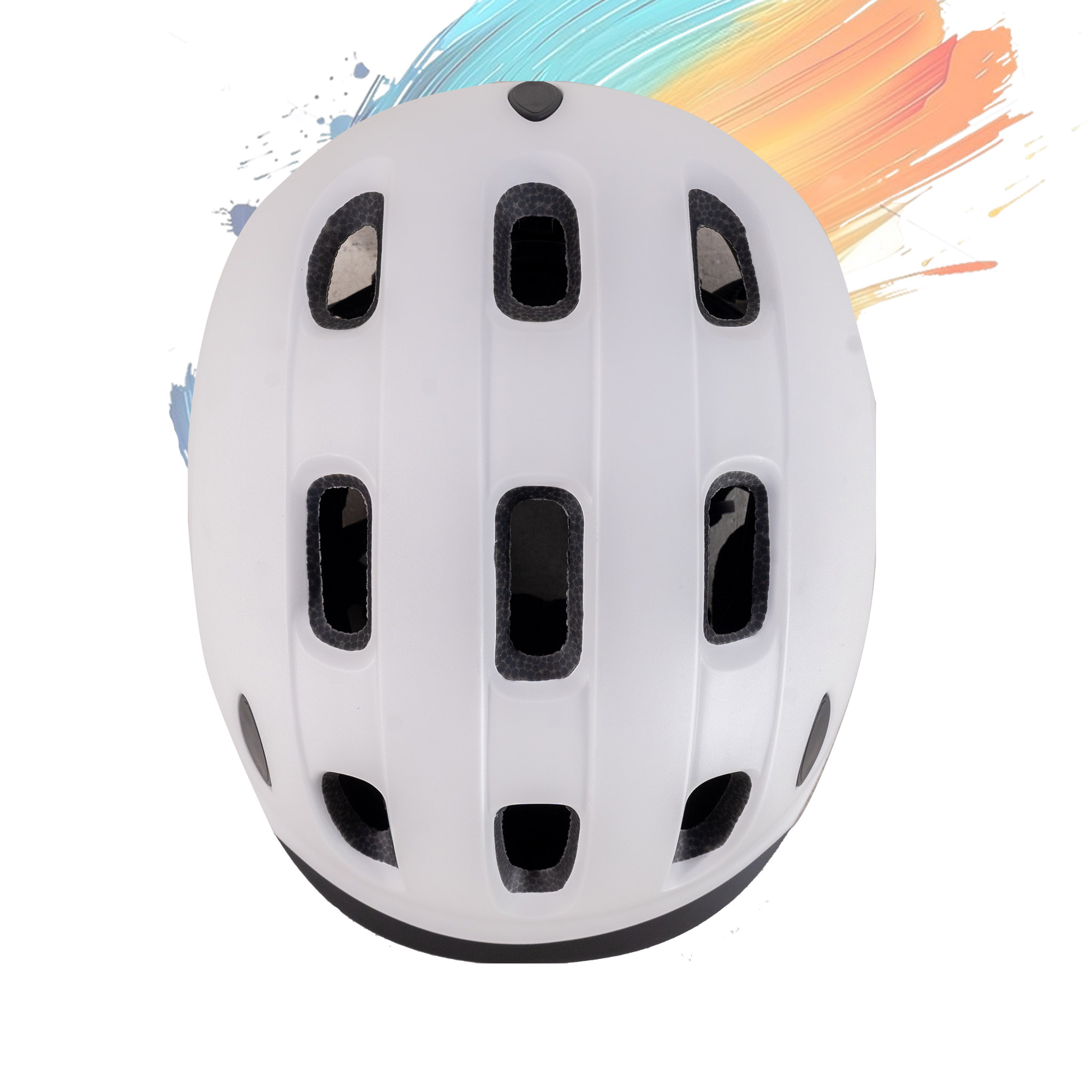 Un casque de vélo blanc avec aérations et rembourrage. Un bouton est sur le dessus.