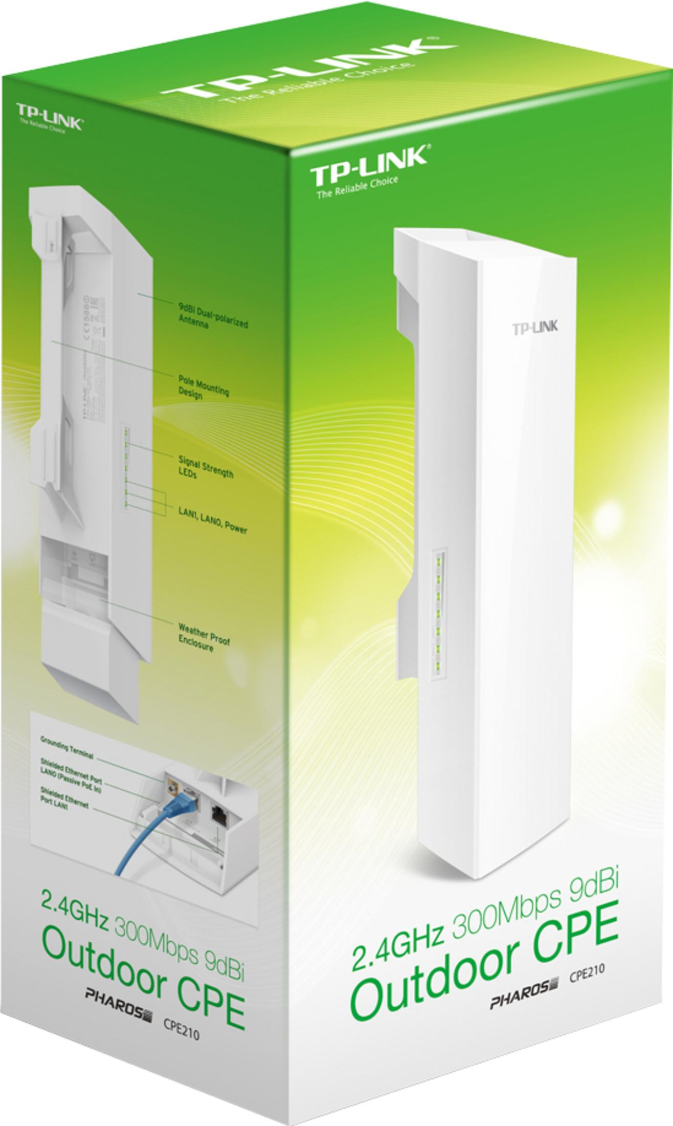 Białe pudełko TP-Link Outdoor CPE z zielonymi akcentami. Pokazuje białe urządzenie CPE.