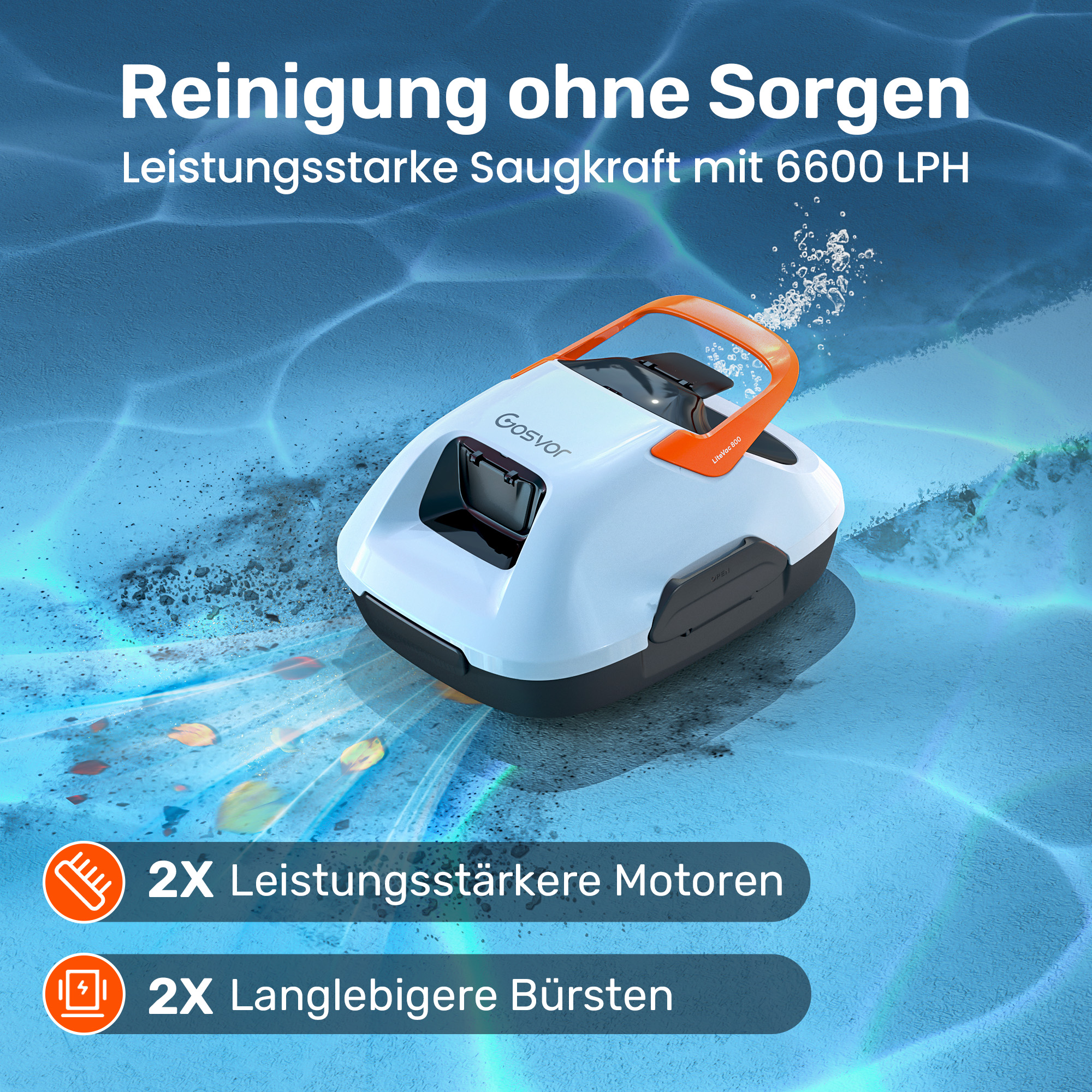 Ein weißer und oranger Poolroboter reinigt den Poolboden mit Blasen.
