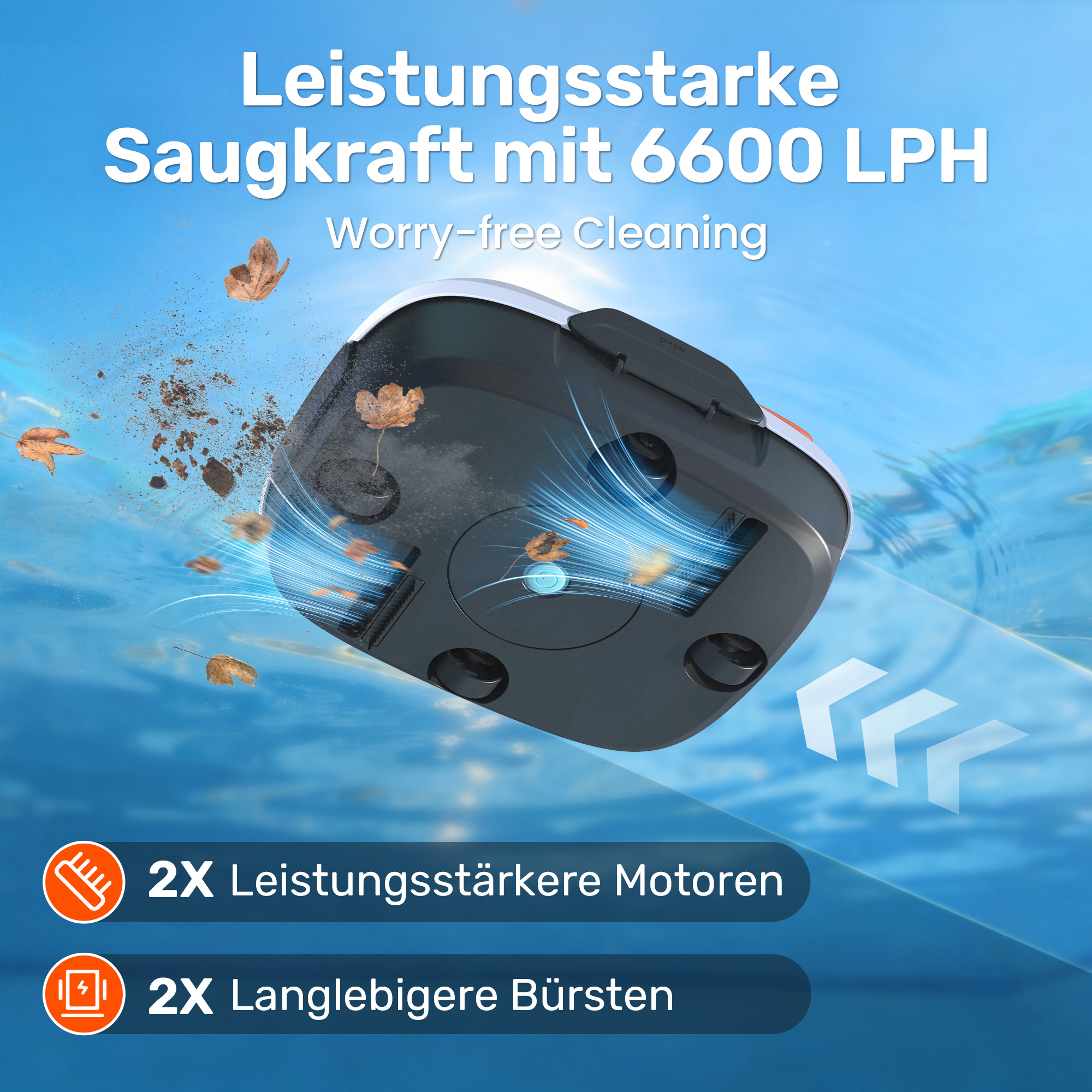 Ein Saugroboter saugt Blätter und Schmutz auf. "2X stärkere Motoren"
