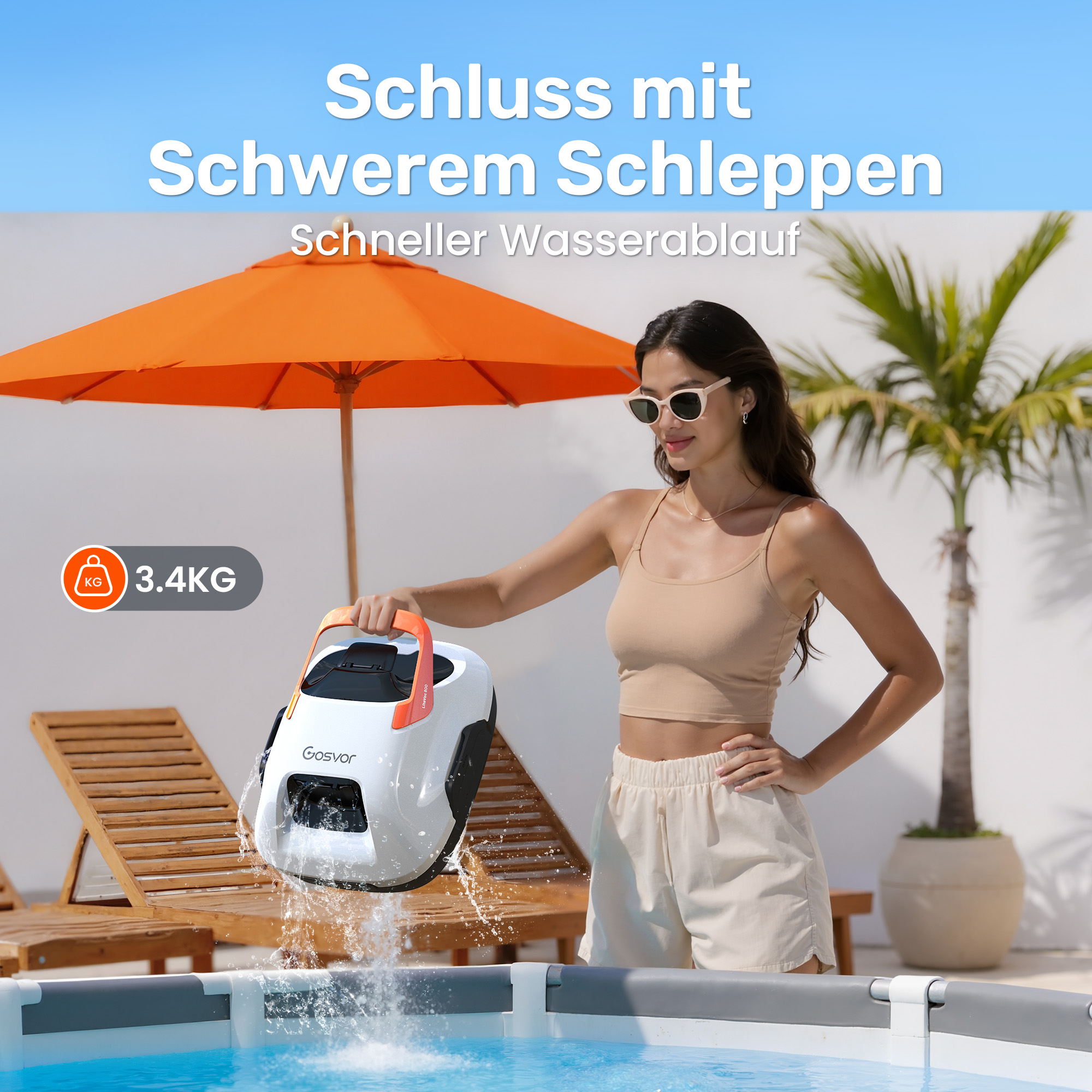 Eine Frau hält einen weißen Poolreiniger mit orangenen Akzenten über einem Pool.
