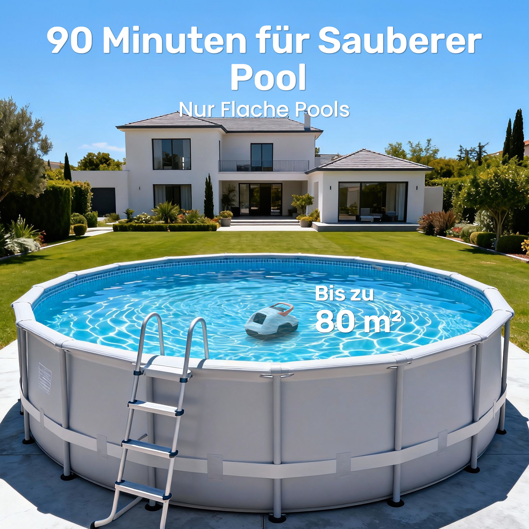 Ein aufblasbarer Pool mit Leiter und Poolroboter im Garten eines Hauses.
