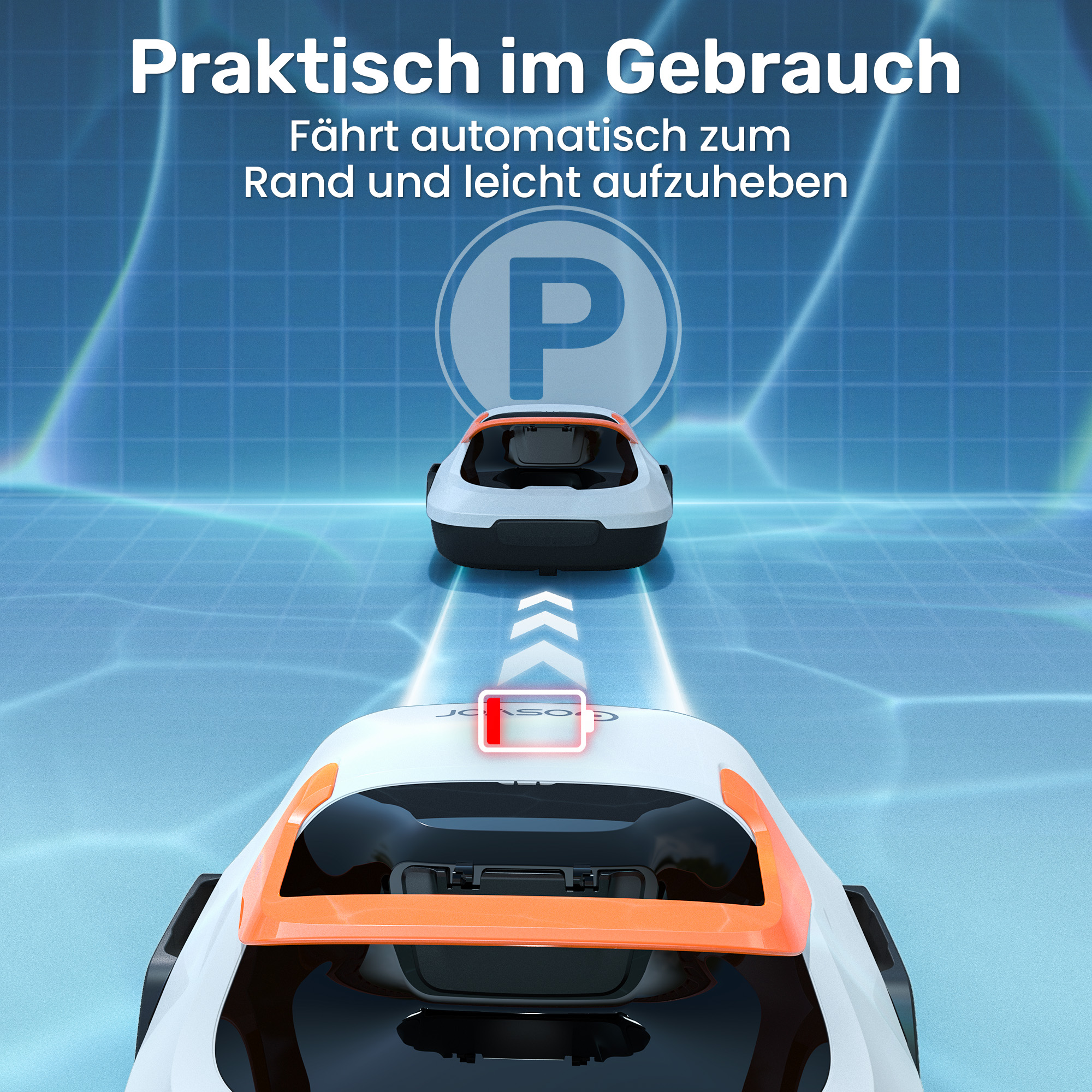Zwei weiße und orangefarbene Rasenmäher-Roboter fahren auf einem blauen Gittermuster.