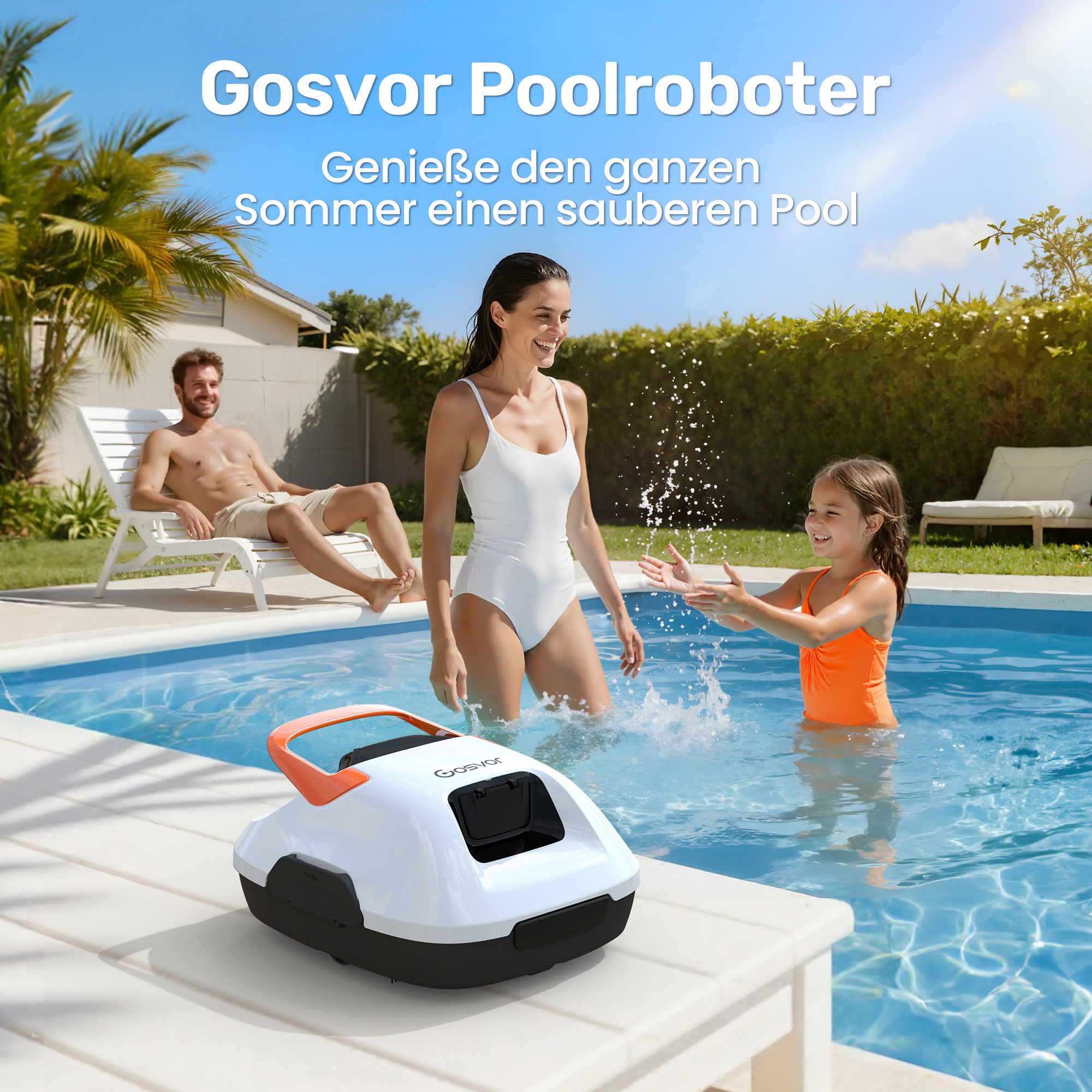 Ein Poolroboter steht auf einem Deck, während eine Familie im Pool planscht.