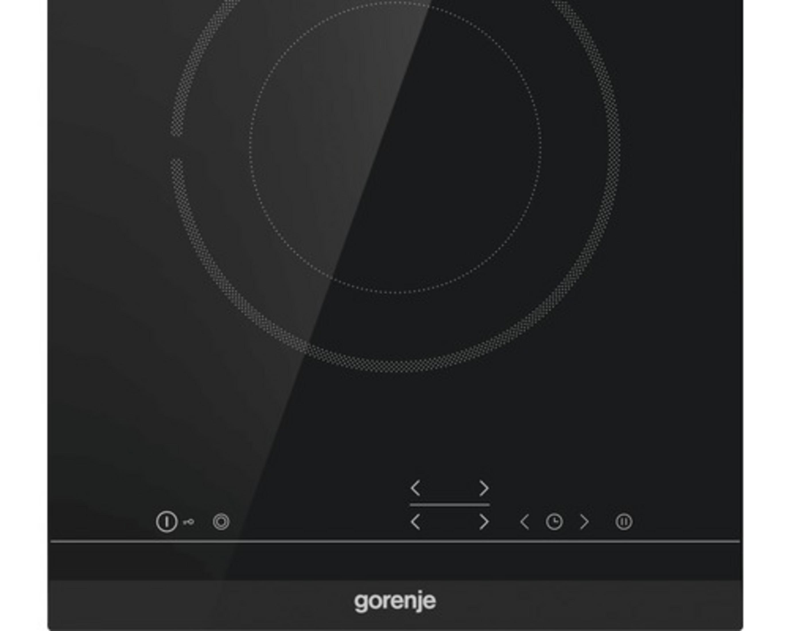 Schwarze Kochplatte mit Touch-Bedienfeld und Gorenje-Logo.