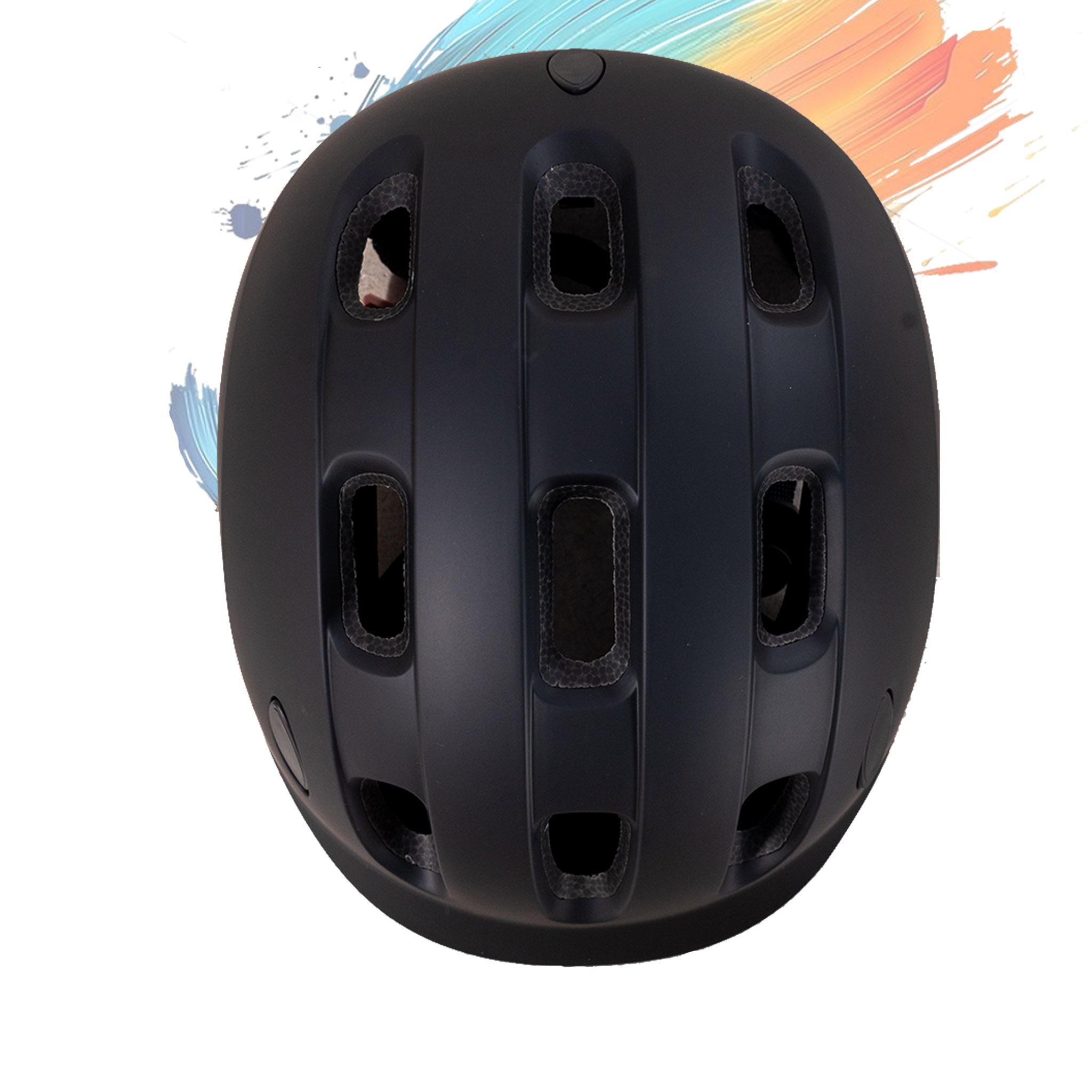 Casque noir avec aérations et une éclaboussure de peinture colorée derrière.