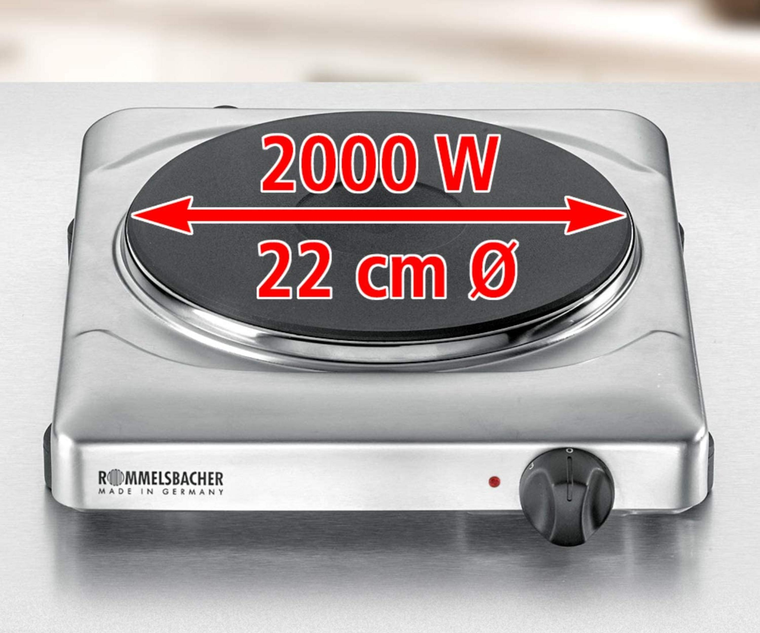 Fornello elettrico argento 2000W, diametro 22cm. Marchio Rommelsbacher.