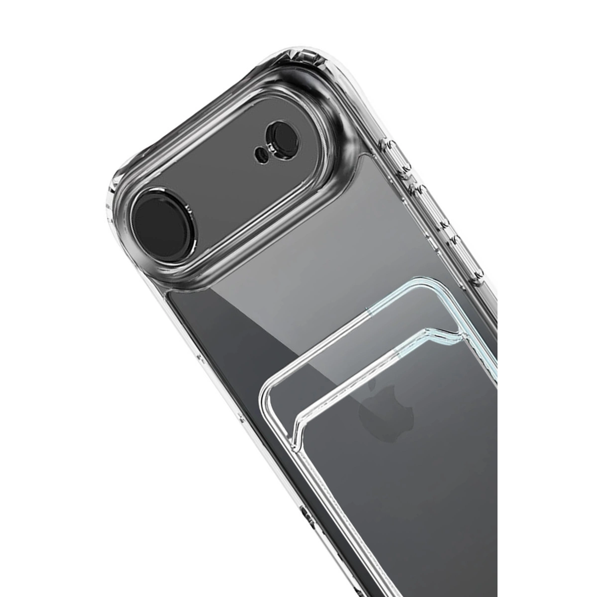 Şeffaf telefon kılıfı, iki kameralı bir iPhone'un arkasını kaplar.