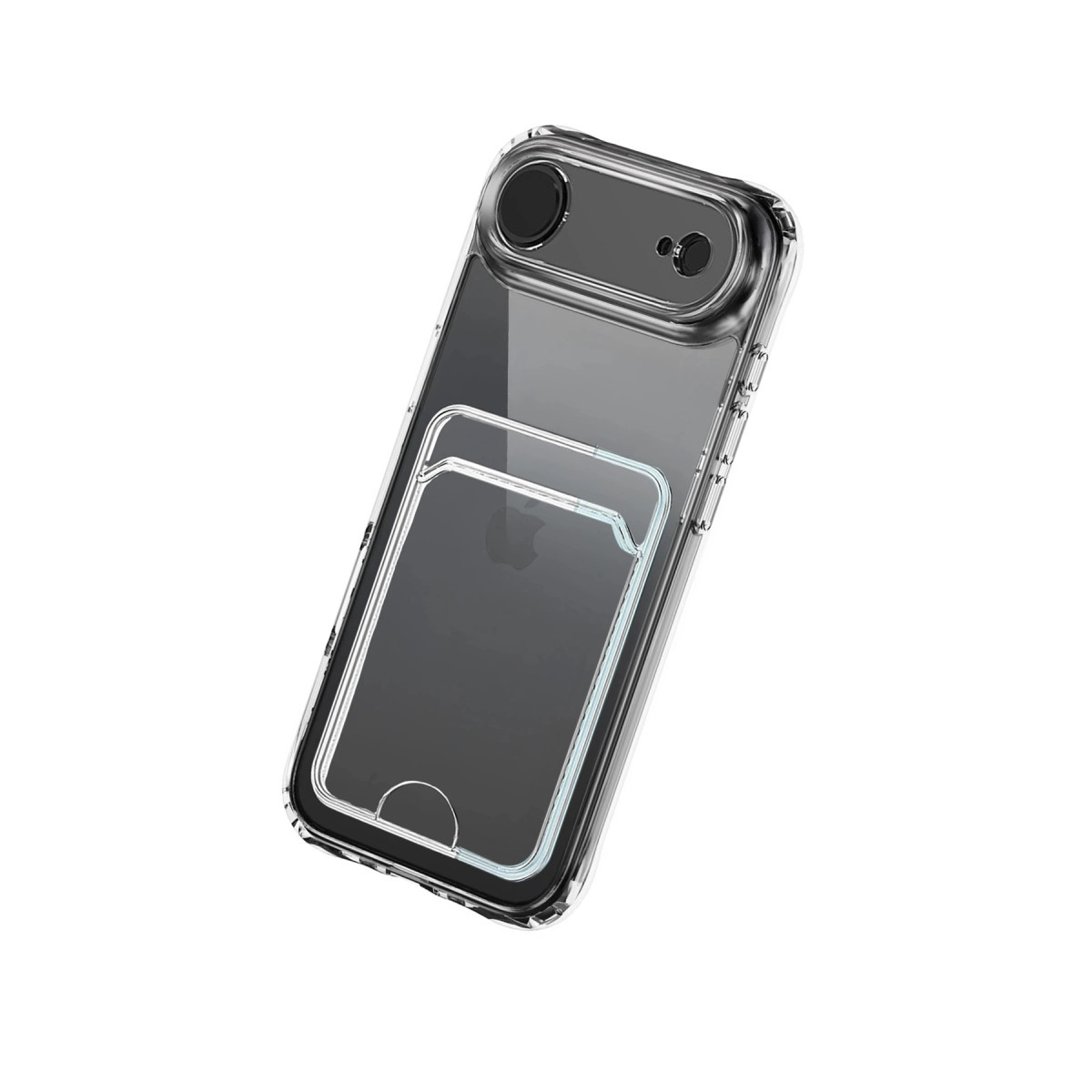 Bir iPhone'un arkasında kart yuvası bulunan şeffaf telefon kılıfı.
