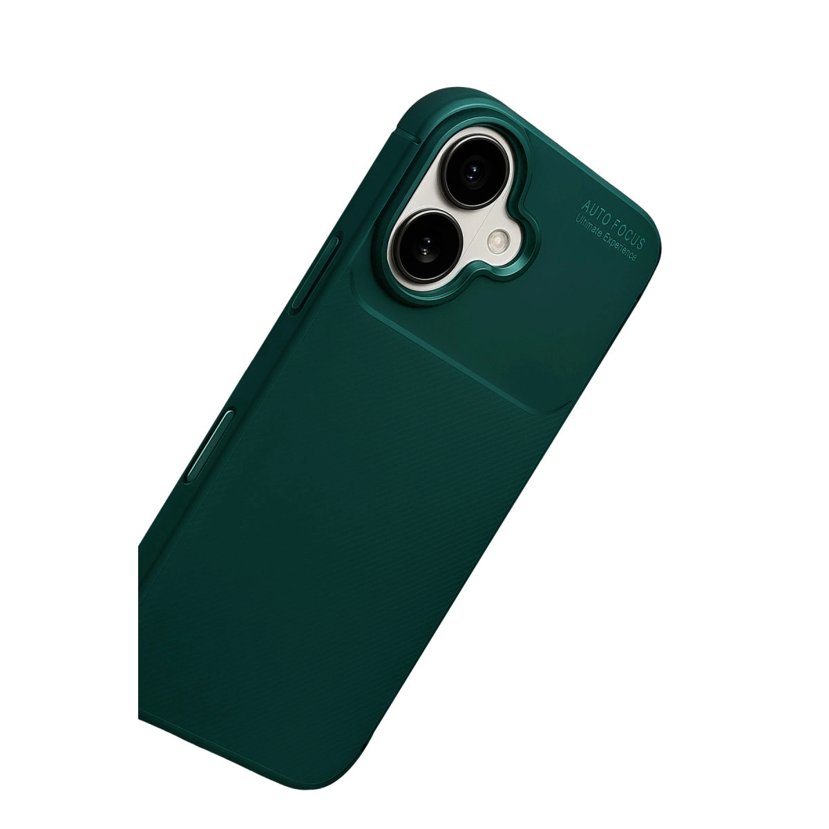 Çift kamera lensli ve yazılı koyu yeşil telefon kılıfı.